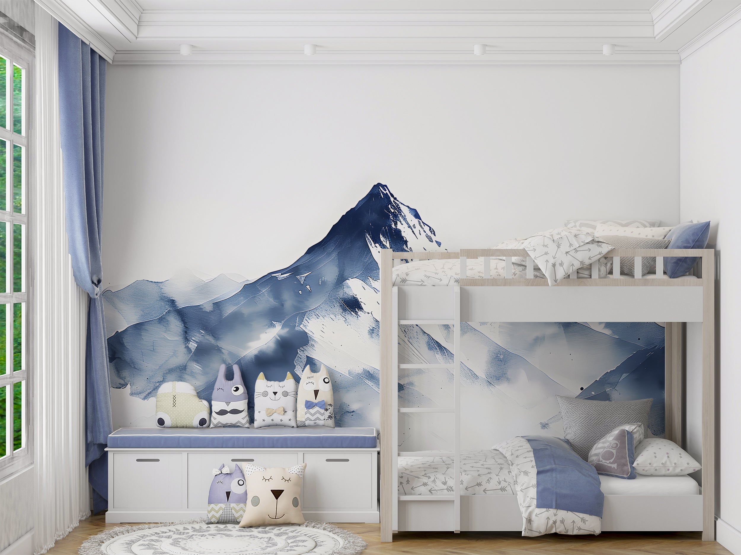 Minimalistic Blue Mountain Mural, Watercolor Snowy Mountains Wallpaper, Cartoon Style Peel and Stick Mountain, Removable Blue and White Landscape