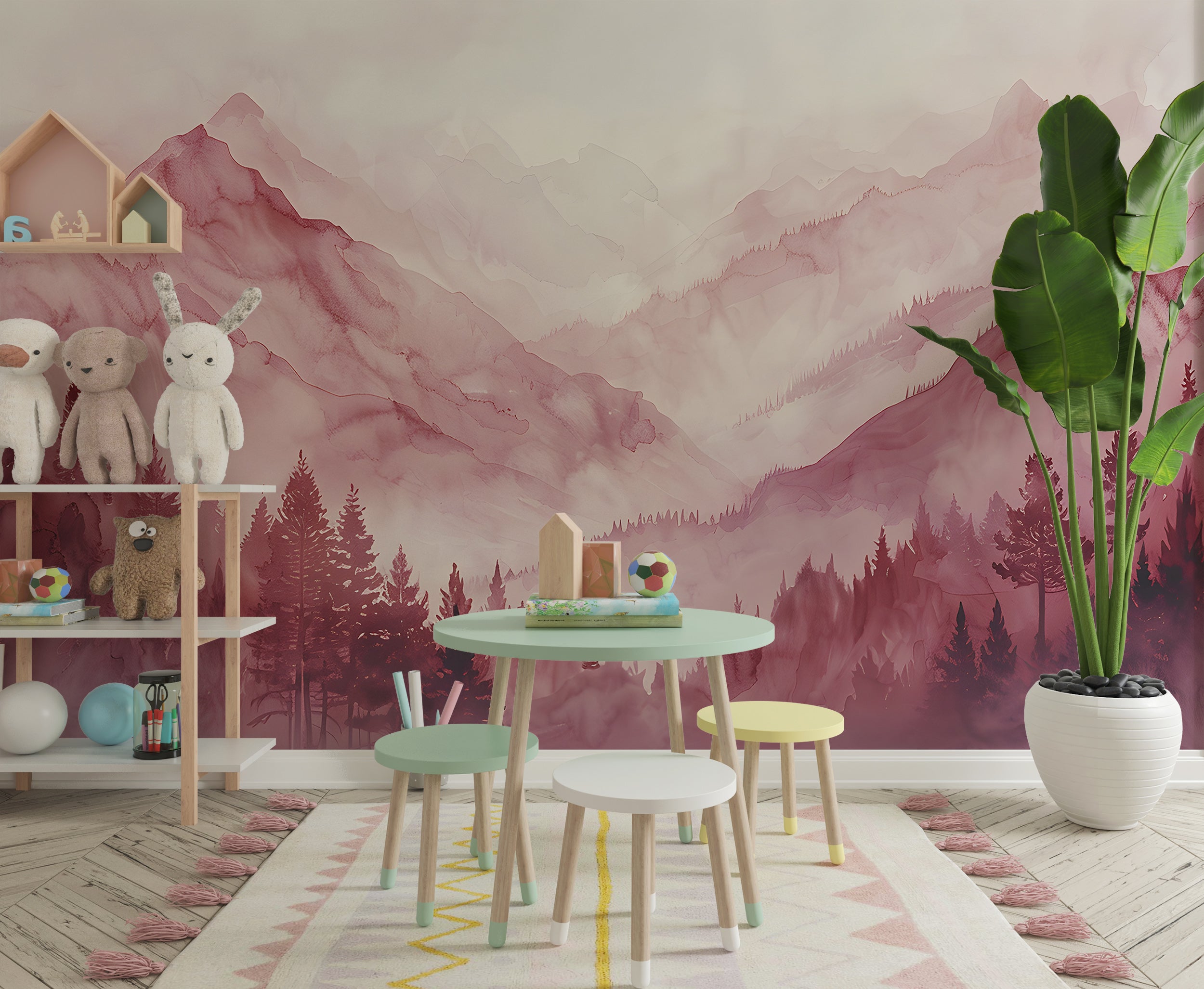 Pink Nursery Landscape Wallpaper, Watercolor Mountain View Mural, Peel and Abstract Stick Forests and Mountains Wall Mural, Soft Pink Nature Art