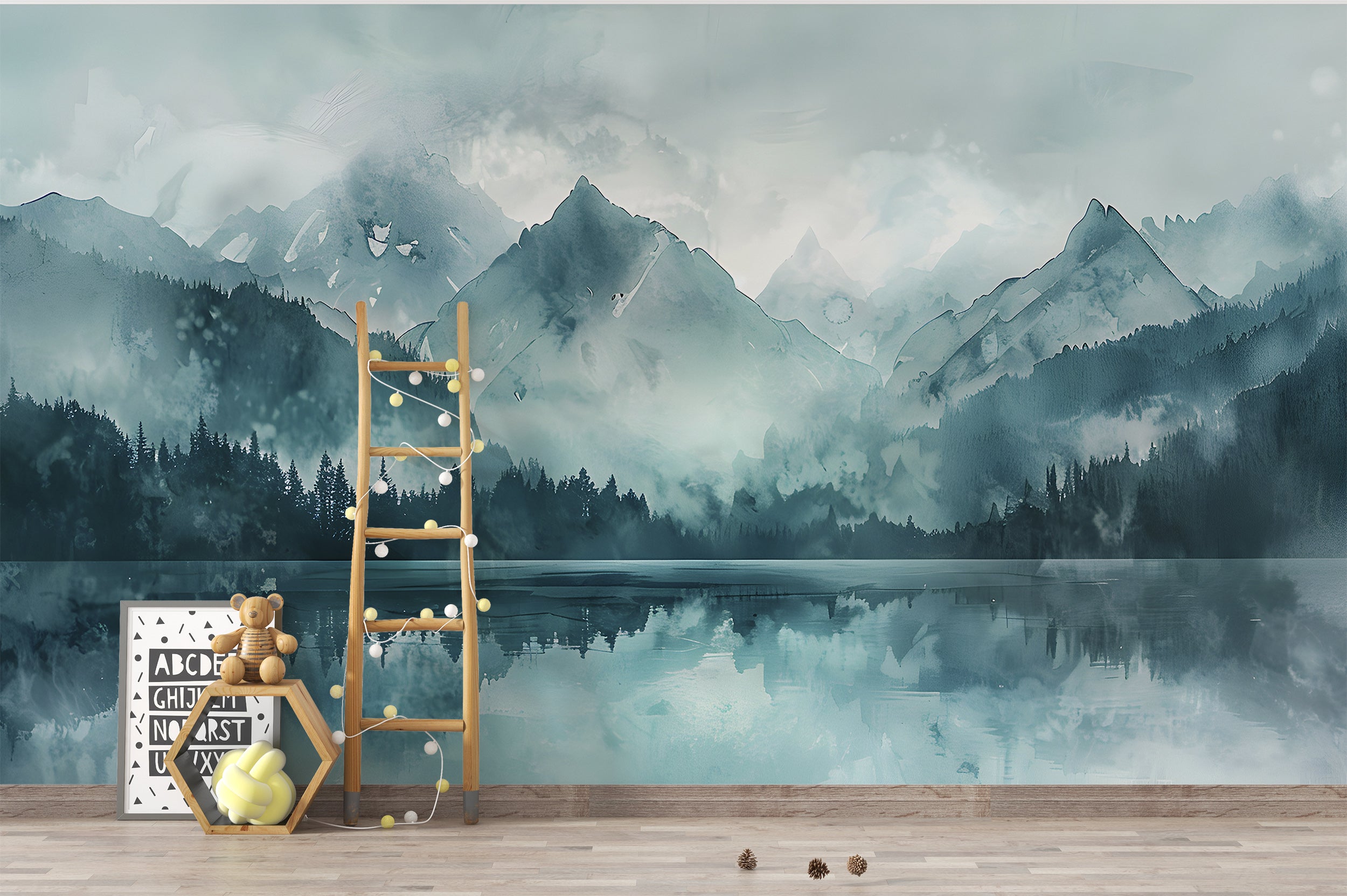 Mountain Lake in Mint Colors Mural, Watercolor Forest and Mountains Wallpaper, Peel and Stick Green Lake Landscape Art, Abstract Nature Decor