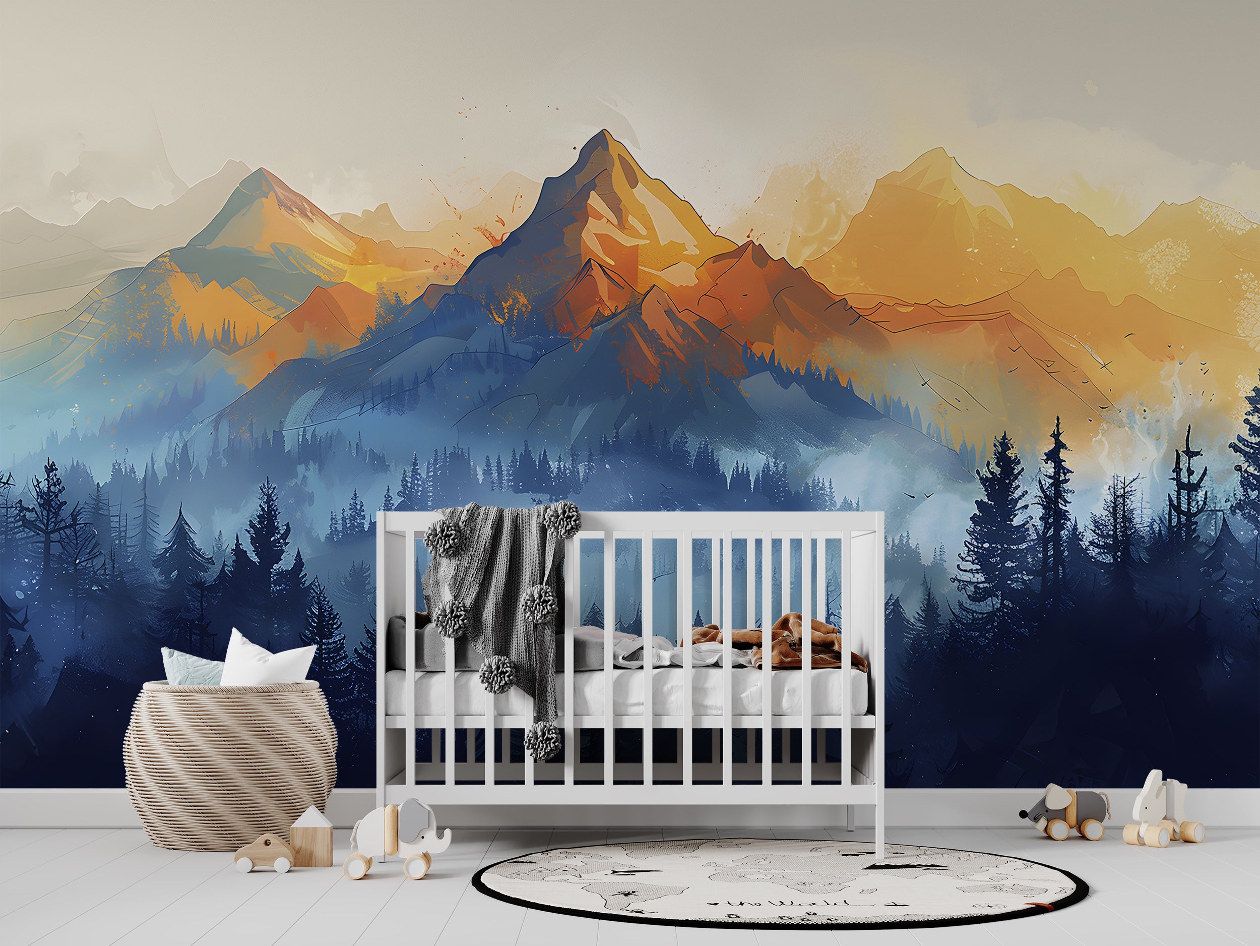 Orange and Blue Watercolor Mural, Peel and Stick Mountain View Wallpaper, Removable Mountains and Forest Landscape, Mountain Sunset Art
