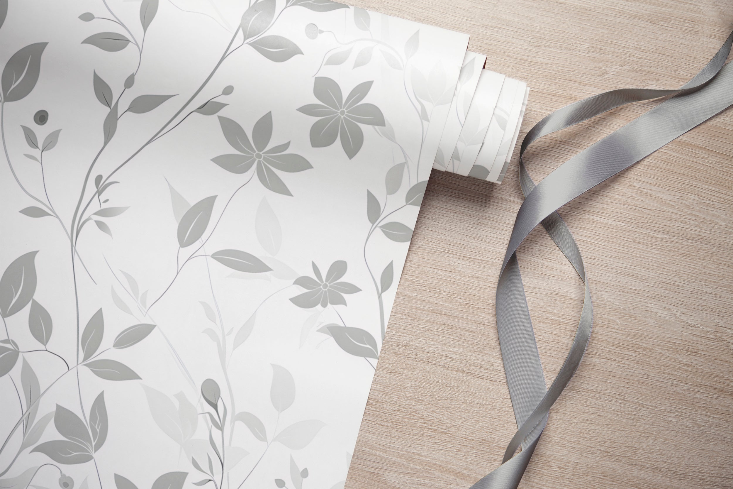 Grey and White Floral Wallpaper, Removable Light Botanical Leaves, Peel and Stick Delicate Tree Flowers Decal, Soft Shades of Grey Floral Pattern