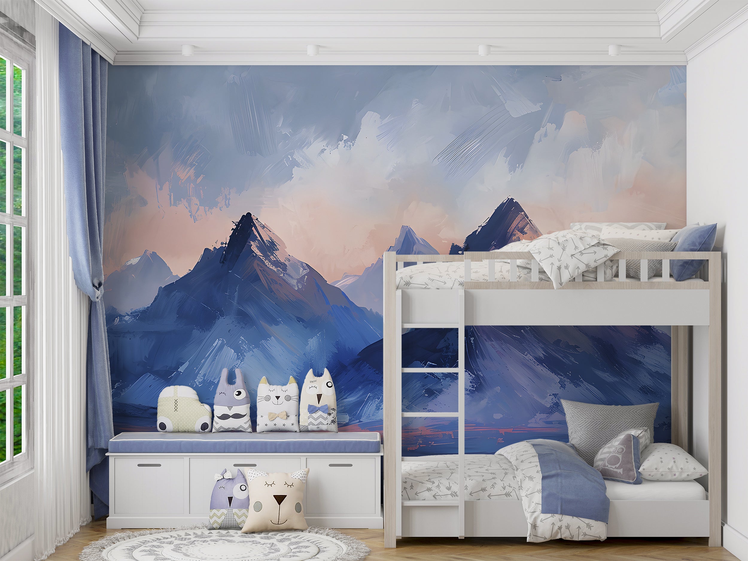 Oil Brushed Style Mountains Mural, Peel and Stick Blue Mountain, Watercolor Abstract Landscape, Nursery Deep Blue Wall Art, PVC free Decal