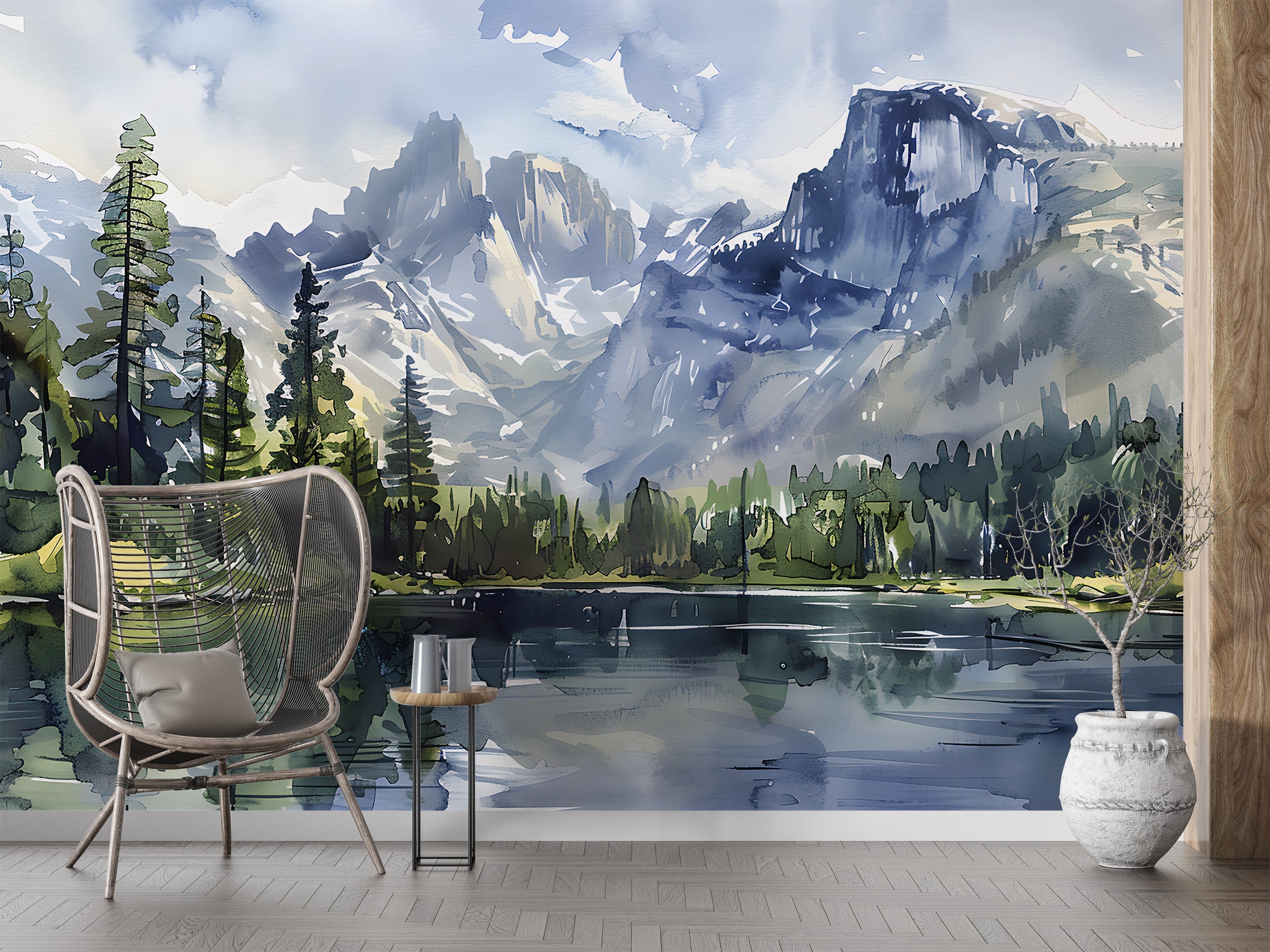 Watercolor Mountain Lake Mural, National park Landscape, Peel and Stick Mountains and Forest Wallpaper, Wild Nature Wall Art