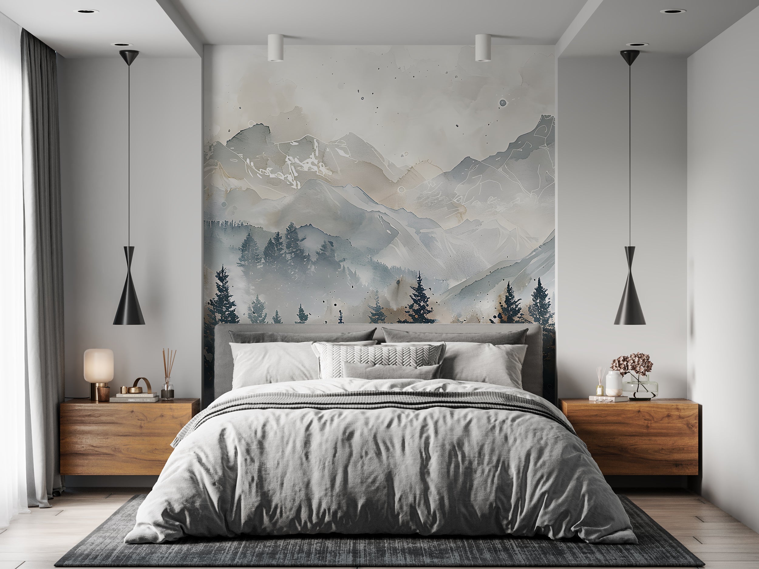 Forest and Mountains in Watercolor Style Mural, Grey Cloudy Mountain Landscape, Peel and Stick Pine Forest Natural Colors Wall Decor, Removable Wall Art