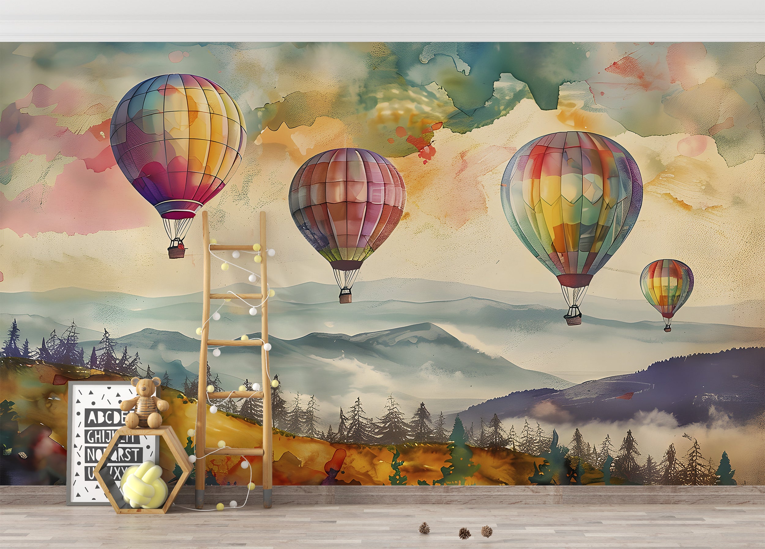 Colorful Hot Air Balloons Mural, Peel and Stick Watercolor Landscape, Nursery Multicolor Wall Decal, Mountains and Forest Kids Room PVC Free