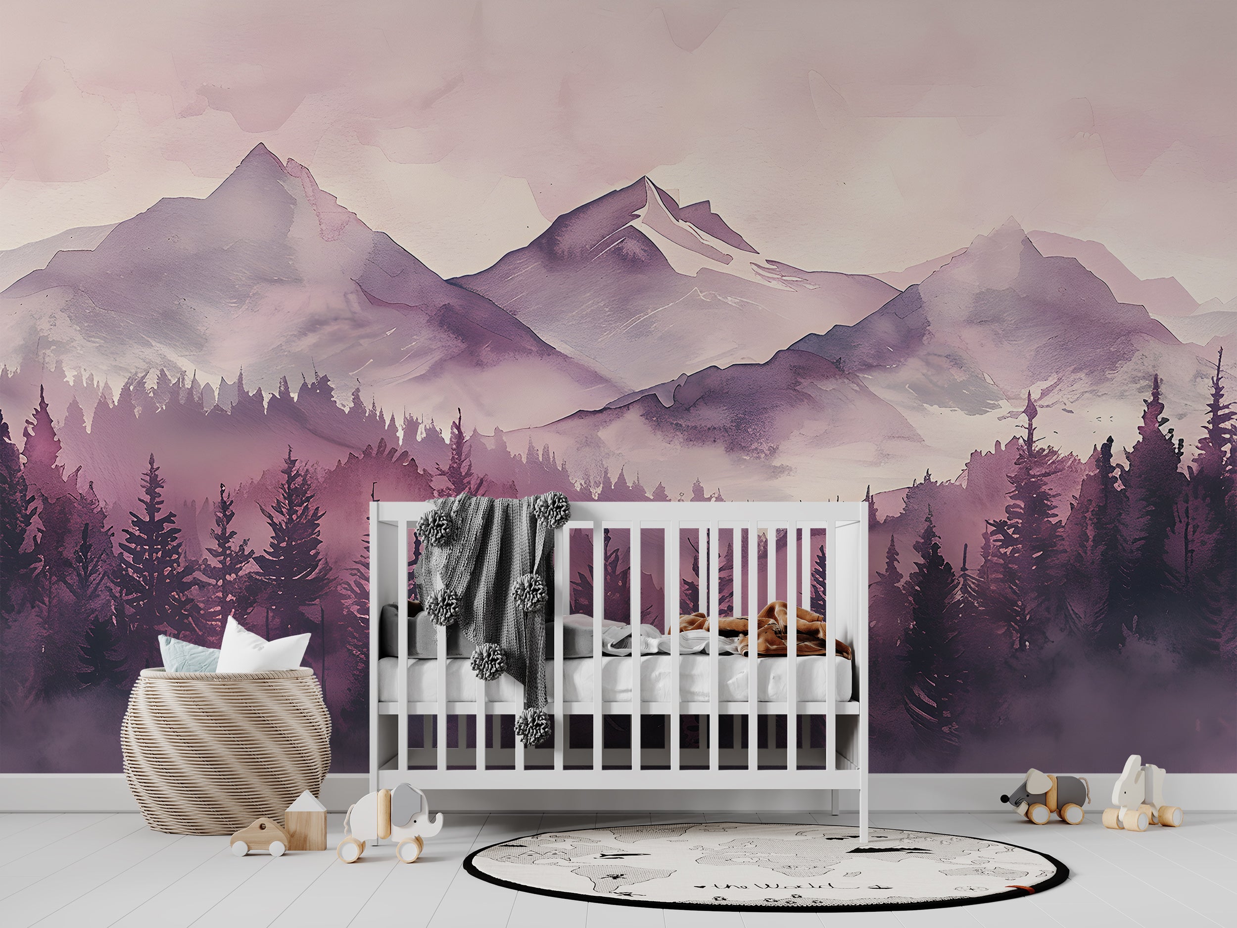 Soft Pink Mountains and Forest Mural, Peel and Stick Watercolor Mountains Landscape Wallpaper, Nursery Removable Custom Size Decor