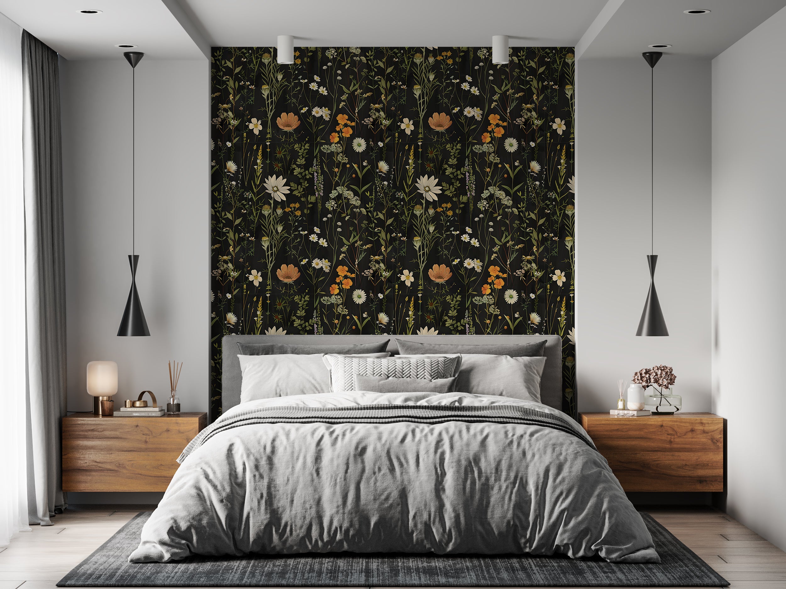 Meadow Flowers Wallpaper, Dark Botanical Decal, Peel and Stick Dark Floral, Vintage Flower Wallpaper, Removable Wild Flowers Black Background
