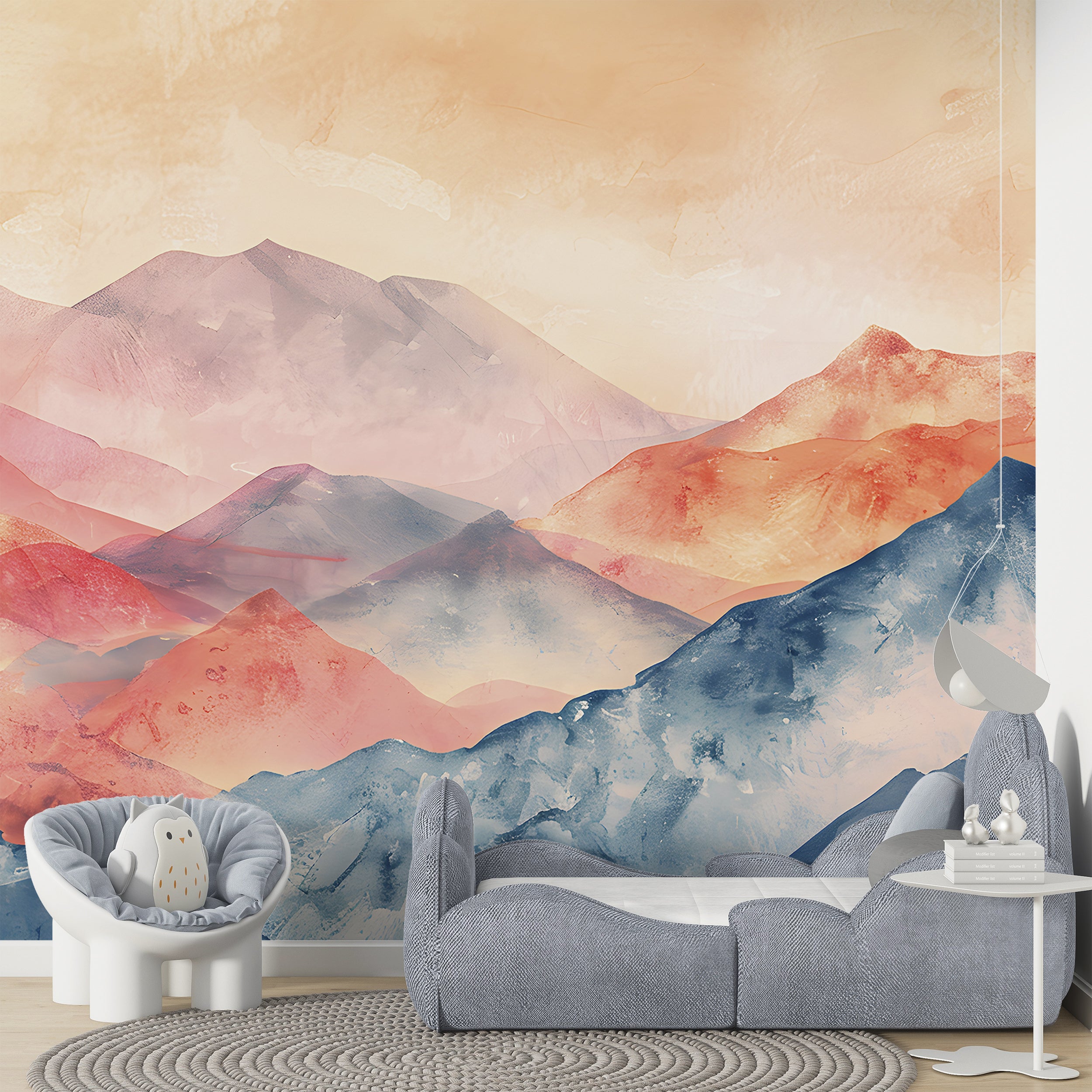 Abstract Mountains Mural, Colorful Peel and Stick Mountain Landscape Wallpaper, Watercolor Modern Style Removable Wall Mural, Custom Size Art