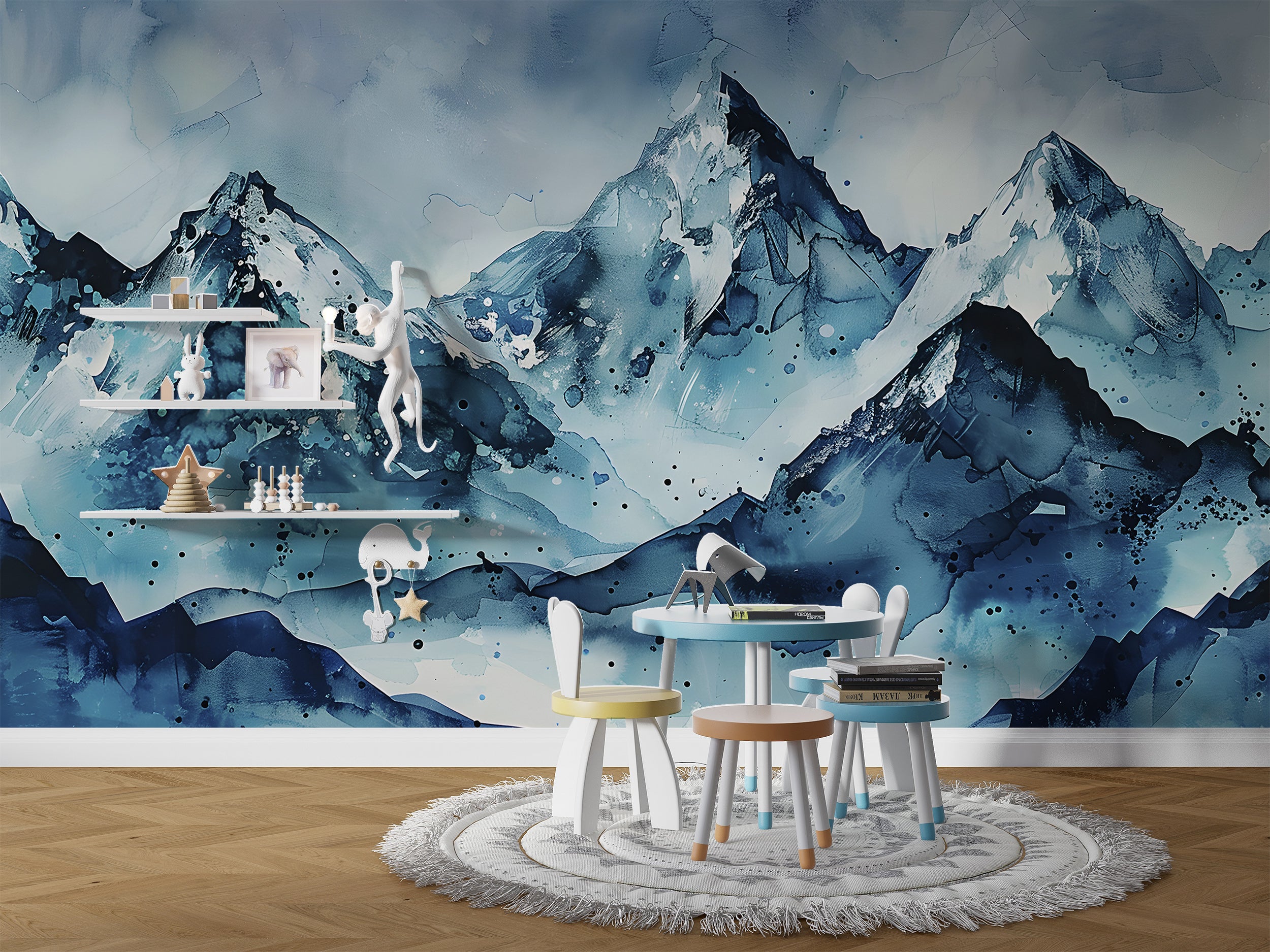 Snowy Mountains Mural, Abstract Blue Mountains Wall Art, Peel and Stick Cold Blue Wallpaper, Watercolor Removable Iced Landscape Decal