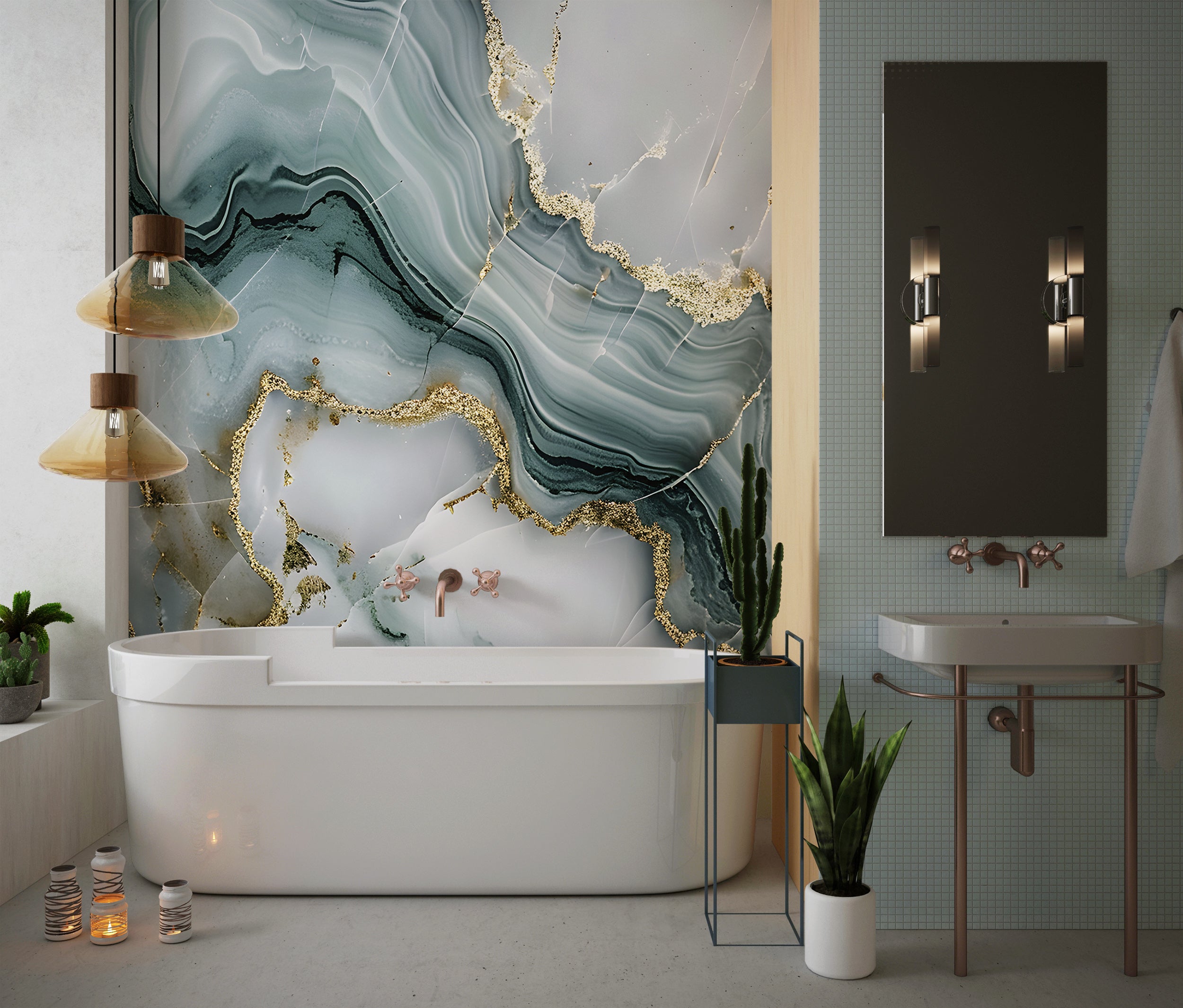 Mint Grey and Gold Alcohol Ink Mural, Peel and Stick Marble Texture Wallpaper, Abstract Green and Grey Stone Wall Decor, Removable Unique Art