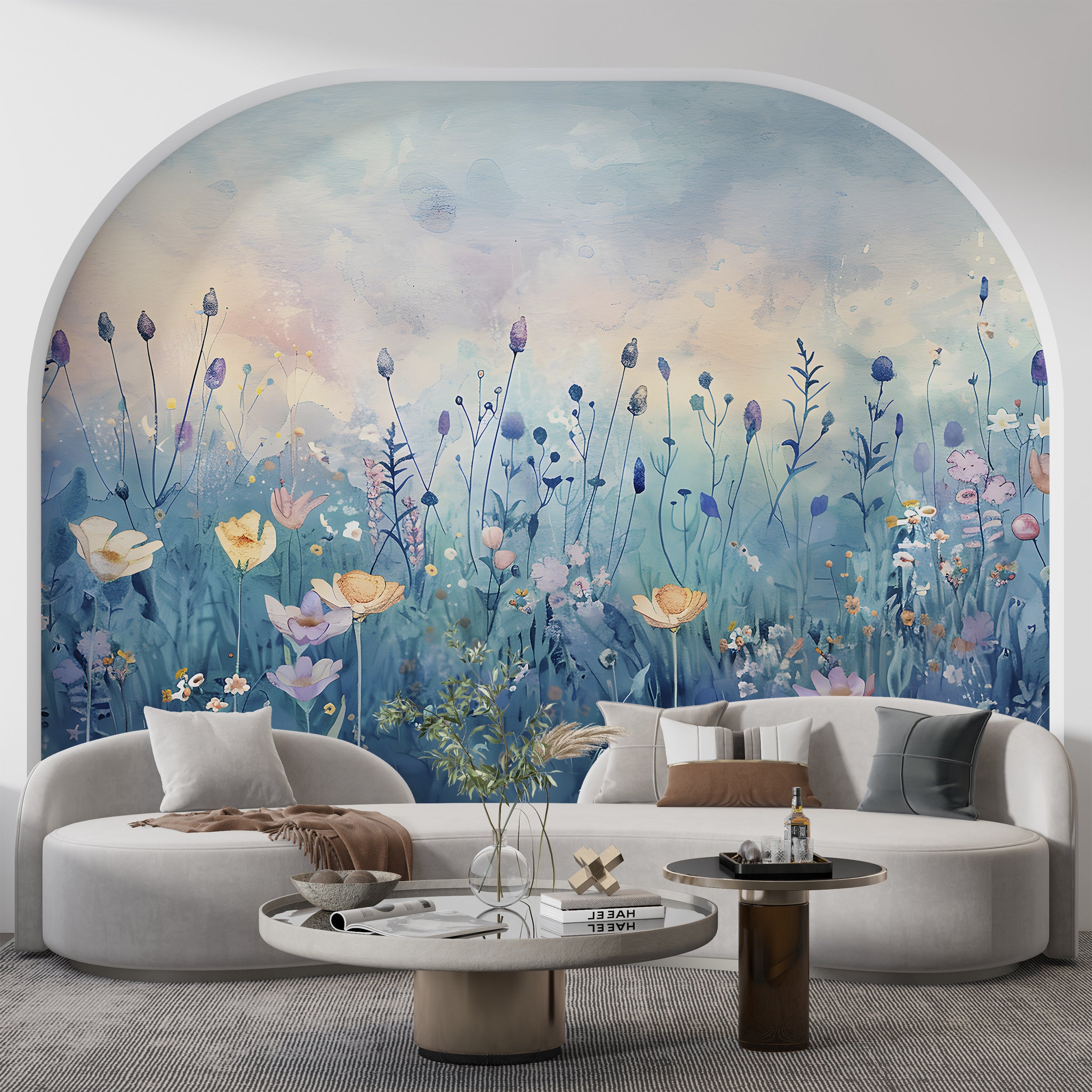 Blue Meadow Flowers Mural, Watercolor Flower Field Wallpaper, Pastel Colors Peel and Stick Floral Wall Mural, Removable Botanical Art, PVC-free