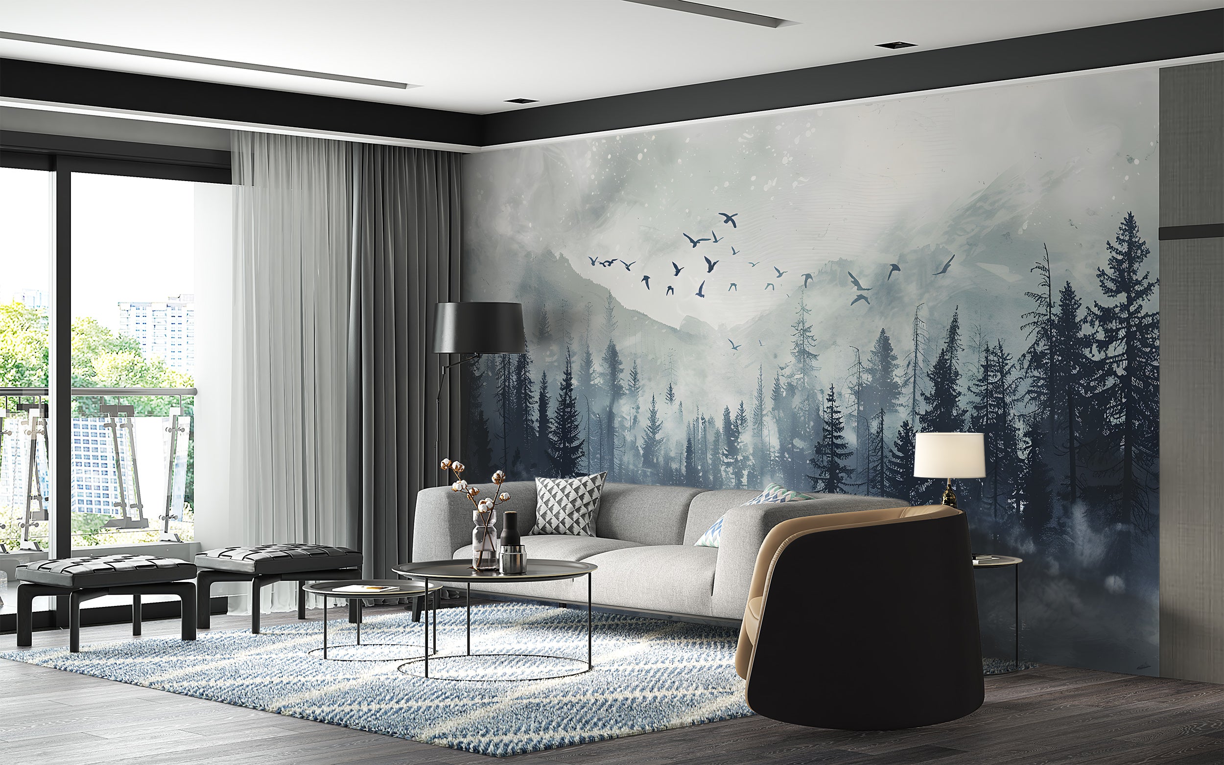 Dark Forest Wall Mural, Peel and Stick Black and Grey Pine Trees Mountain and Birds, Watercolor Foggy Nature Decor, Misty Forest Wallpaper