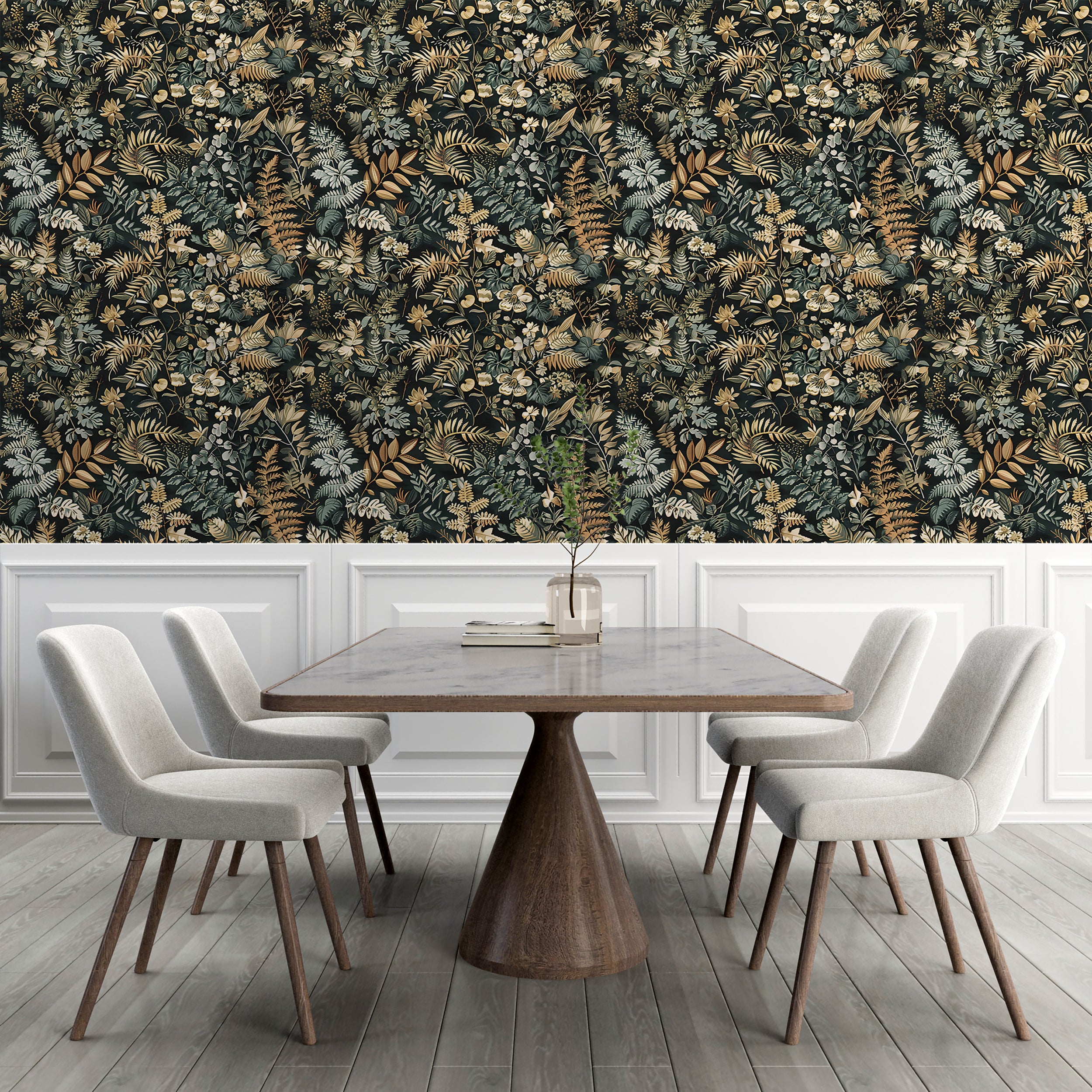 Dark Floral Wallpaper, Peel and Stick Fern Pattern Decal, Wild Flowers and Leaves Wall Decor, Removable Dark Botanical Forest Flower Wallpaper