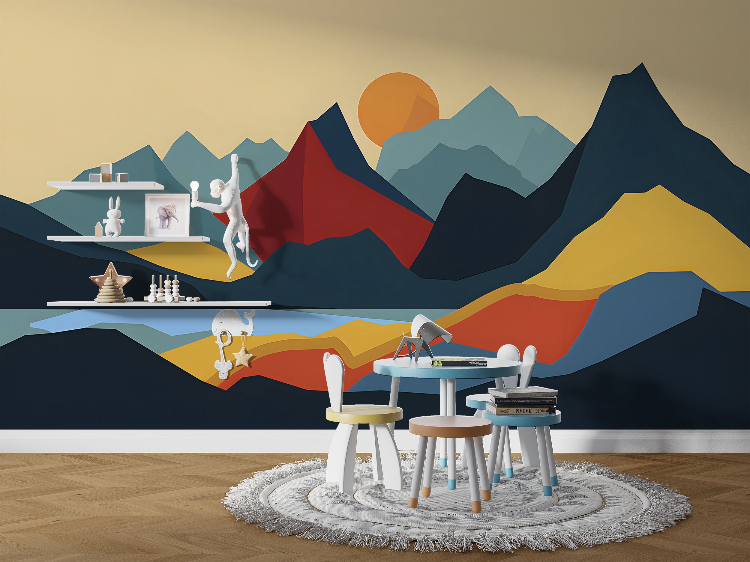 Colorful Cartoon Style Mountains Mural, Simple and Minimalistic Landscape Wallpaper, Peel and Stick Nursery Kids Room Abstract Nature Art Decal