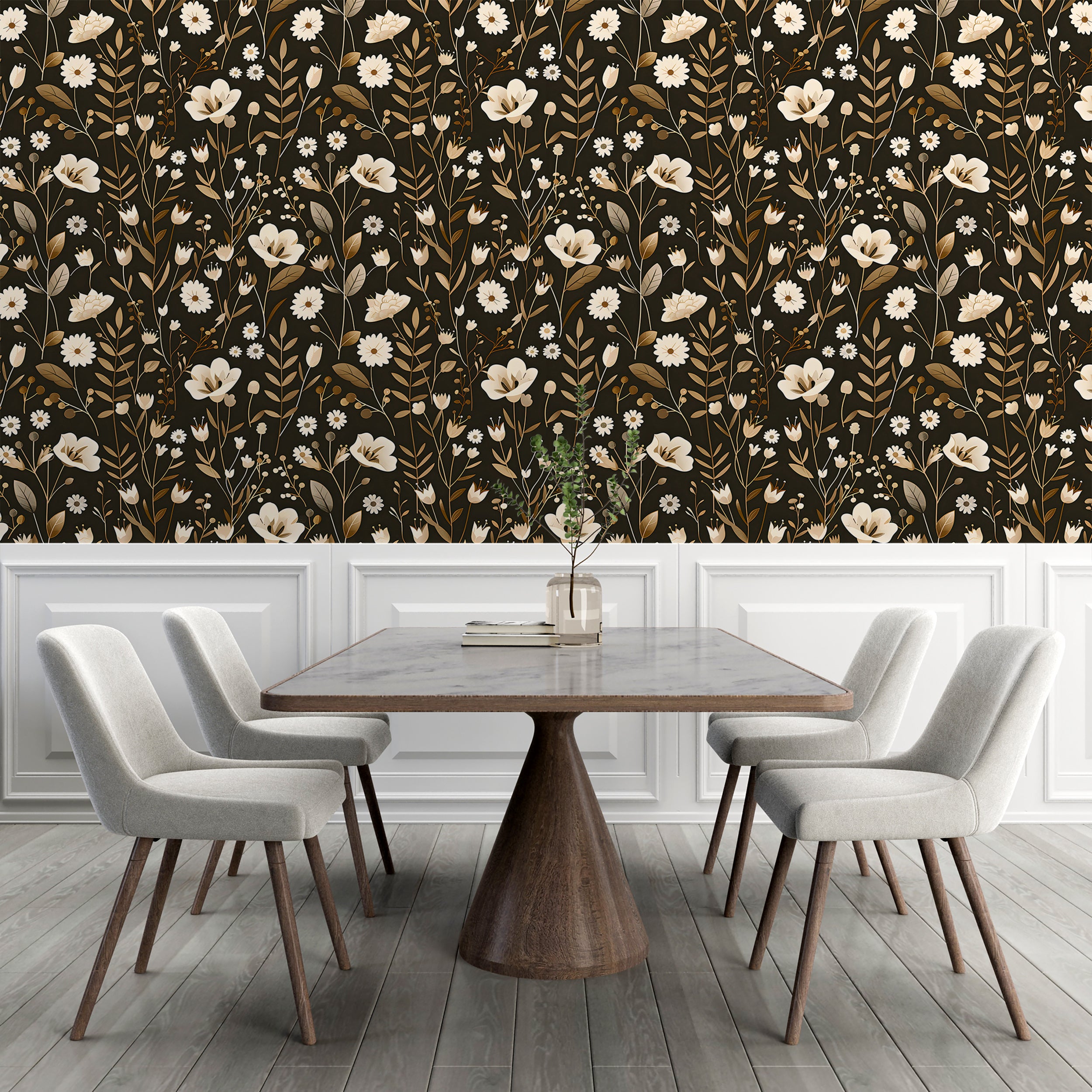 Dark Meadow Floral Wallpaper, White and Brown Botanical Decal, Wild Flowers Wallpaper, Peel and Stick Removable Vintage Flower Decal