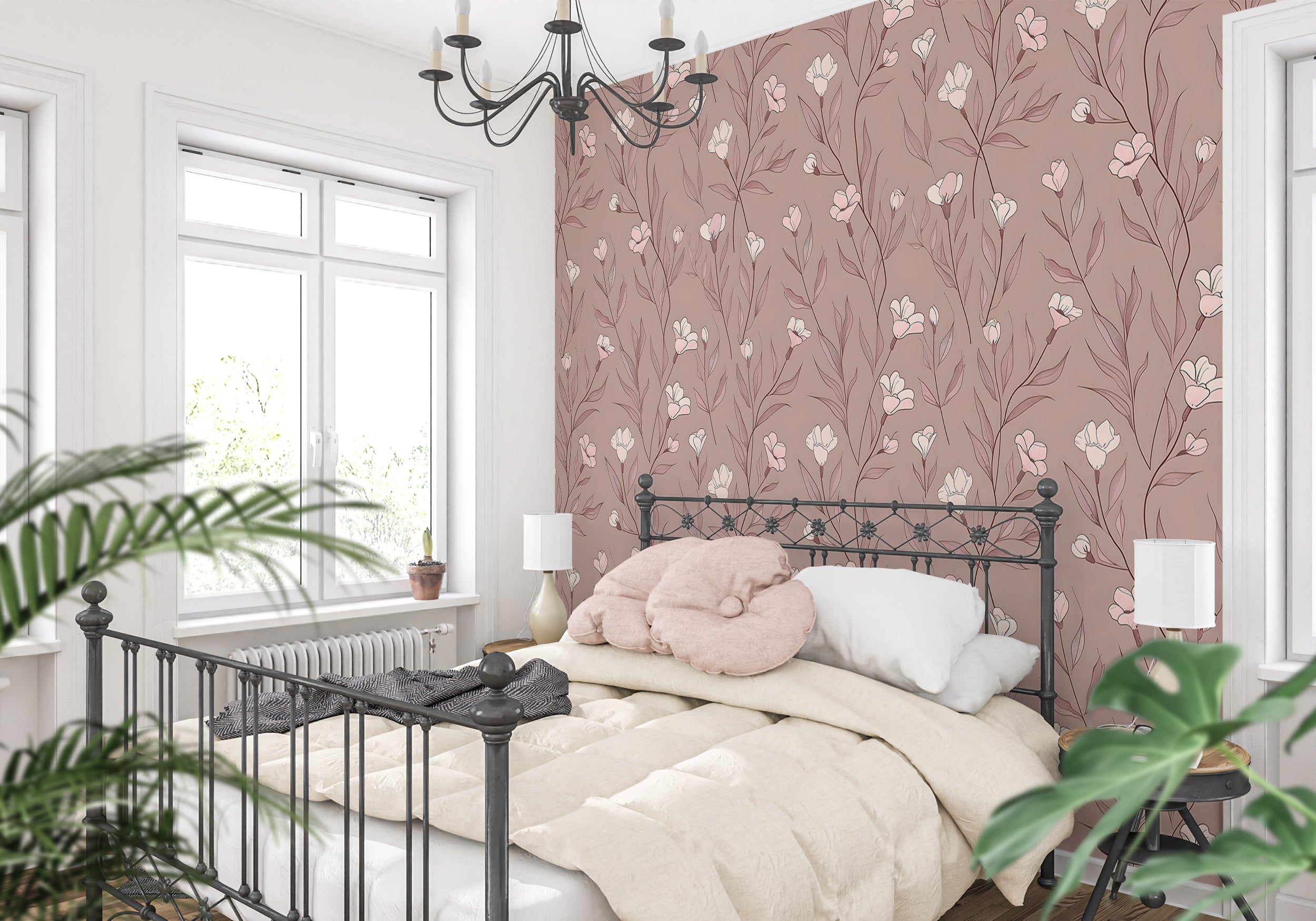 Minimalistic Dusty Rose Floral Wallpaper, Self-adhesive Meadow Flowers Wallpaper, Removable Pastel Pink and White Botanical Wall Decor