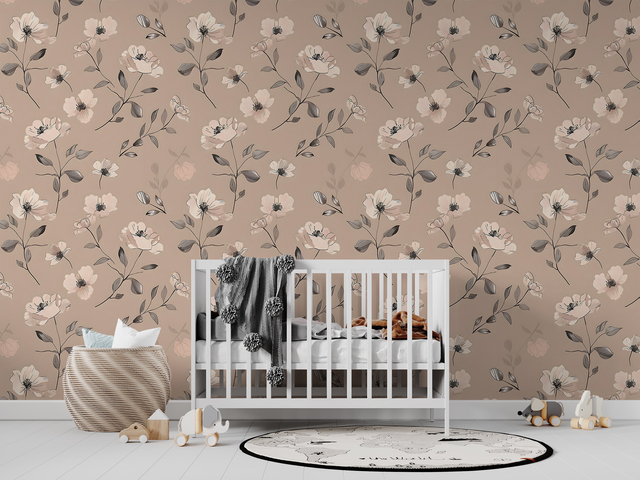 Watercolor Soft Pink Floral Wallpaper, Self-adhesive Dusty Rose Botanical Wall Decal, Meadow Flowers Removable Pastel Colors Wall Decor