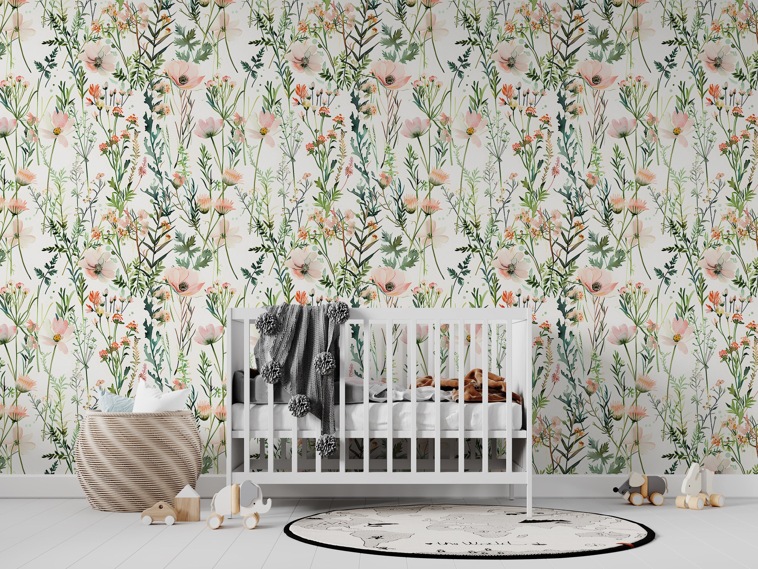 Wild Floral Wallpaper, Pastel Pink and Green Botanical Pattern, Watercolor Meadow Flowers Decal, Peel and Stick Minimalistic Light Floral Decor