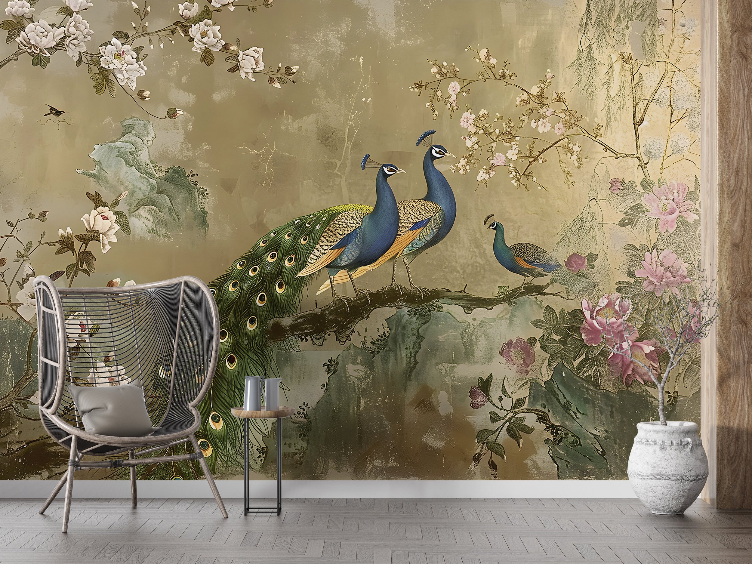 Chinoiserie Wallpaper, Colorful Peacock Wall Mural, Removable Vintage Golden Floral Wallpaper, Peel and Stick Classic Mural With Flowers and Birds