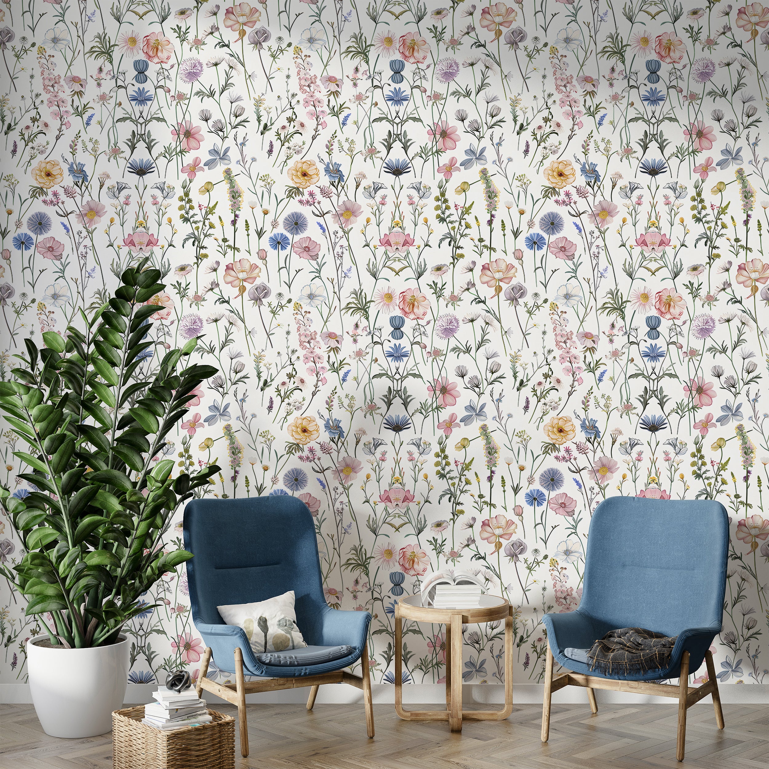 Delicate Flowers in Pastel Colors Wallpaper, Peel and Stick Light Floral Wall Decal, Wild Meadow Flower Pattern Wallpaper, Removable PVC-free