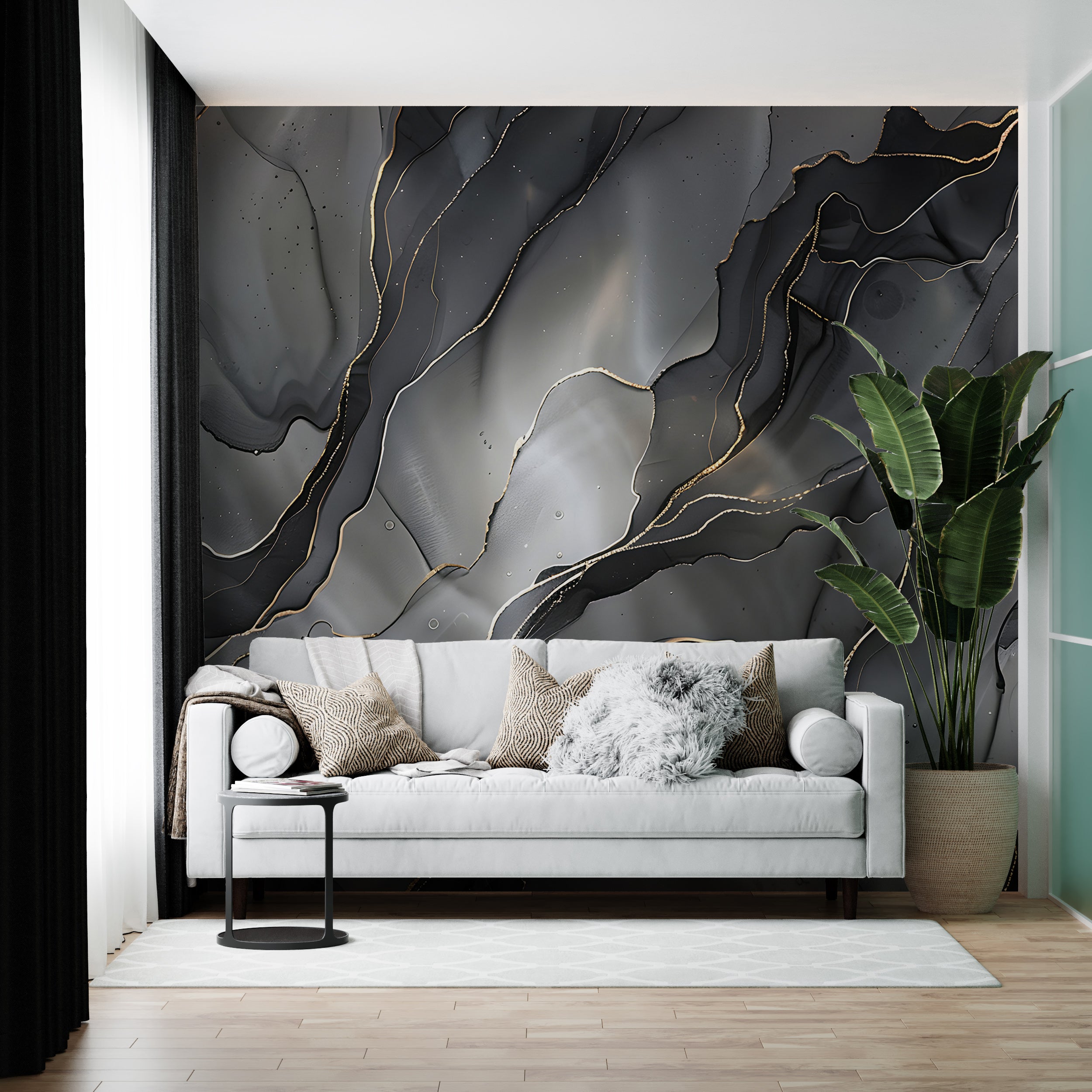 Black Alcohol Ink Wall Mural, Peel and Stick Abstract Dark Wallpaper, Removable Dark Modern Wall Art