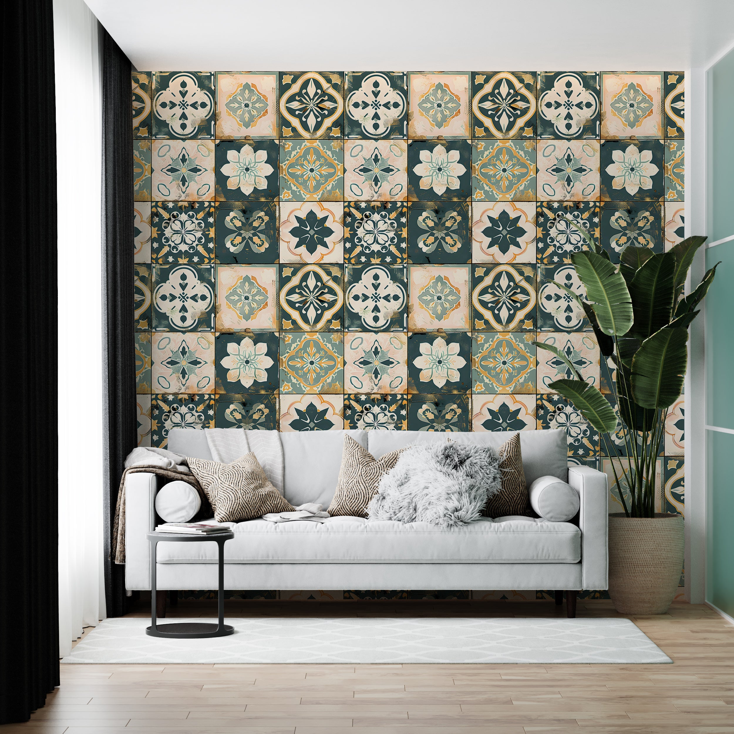 Patchwork Tiles Wallpaper, Peel and Stick Moroccan Wall Decal, Removable Floral Tile Style Wallpaper, Rustic Colors Vintage Wall Decor