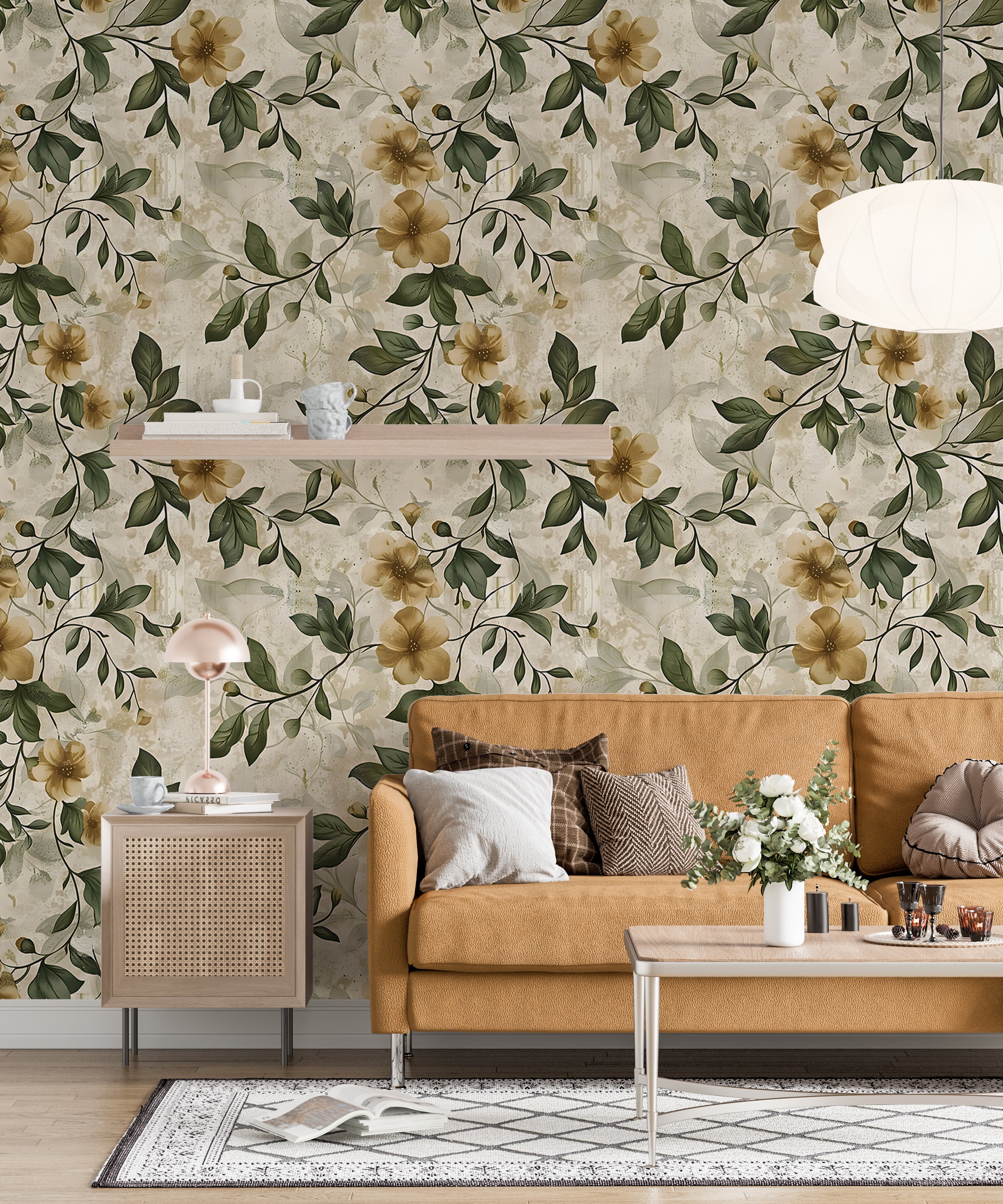 Rustic Beige and Green Floral Wallpaper, Vintage Peel and Stick Botanical Wall Decal, Removable Flowers and Leaves Old Style Wallpaper