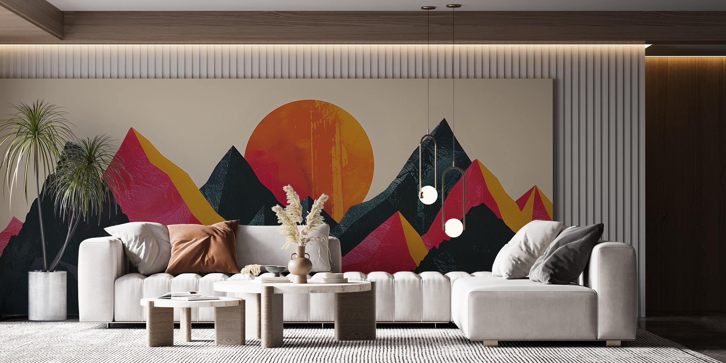 Abstract Landscape in Pop Art Style Mural, Peel and Stick Mountain Sunset Wallpaper, Modern Accent Wall Art, Green and Orange Decor