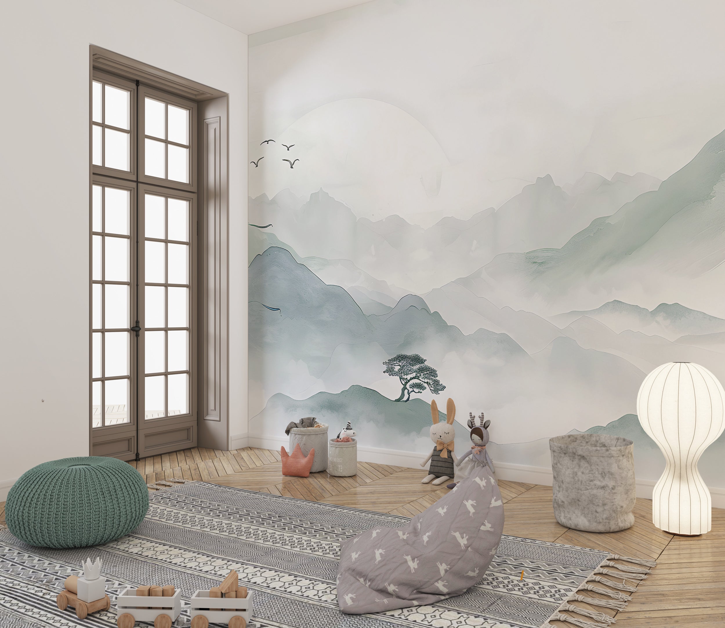 Pastel Mint Mountain Landscape Wall Mural, Self-adhesive Soft Green Japanese Nature Wallpaper, Removable Minimalistic Nursery Wall Decal