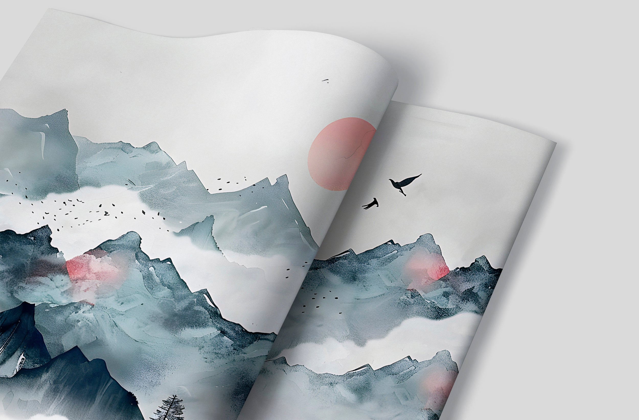 Abstract Mountains Sunset Mural, Watercolor Japanese Landscape Wallpaper, Peel and Stick Removable Green Foggy Mountain Wall Decal