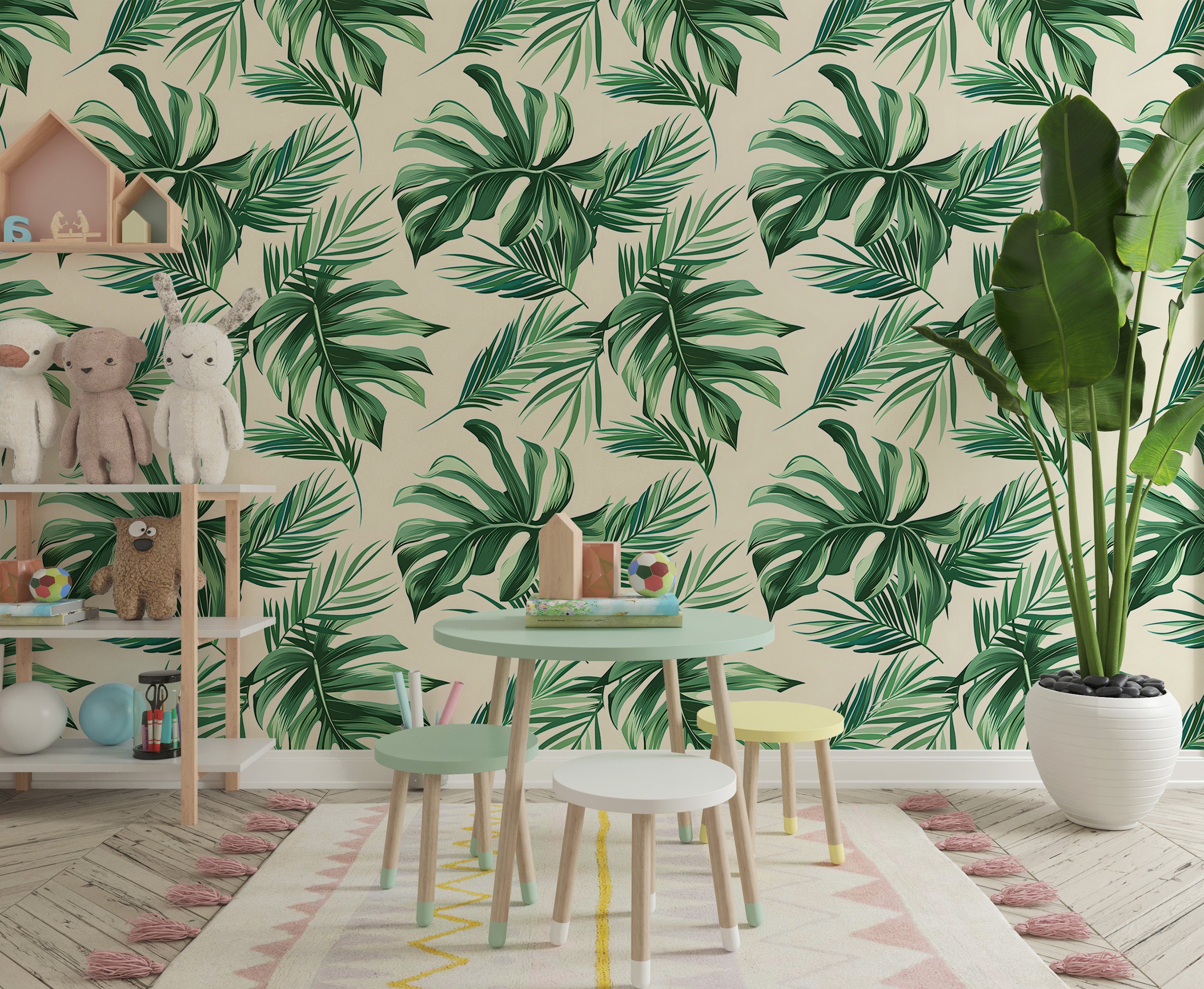 Palm Leaves Wallpaper, Green and Beige Tropical Wall Decal, Peel and Stick Palms Wallpaper, Removable Jungle Floral Wall Decor