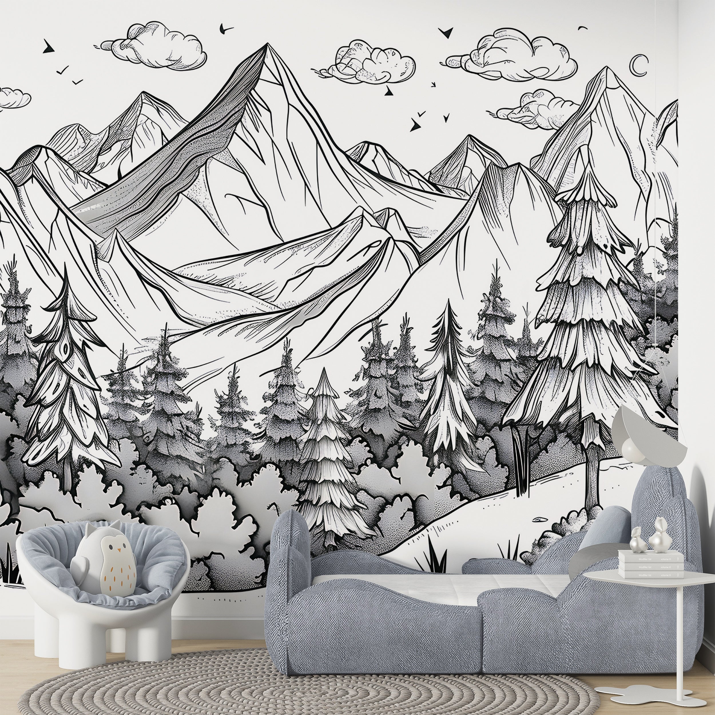 Mountains and Forest in Doodling Style Mural, Peel and Stick Nature Landscape Sketch Wallpaper, Black&White Cartoon Landscape Decor