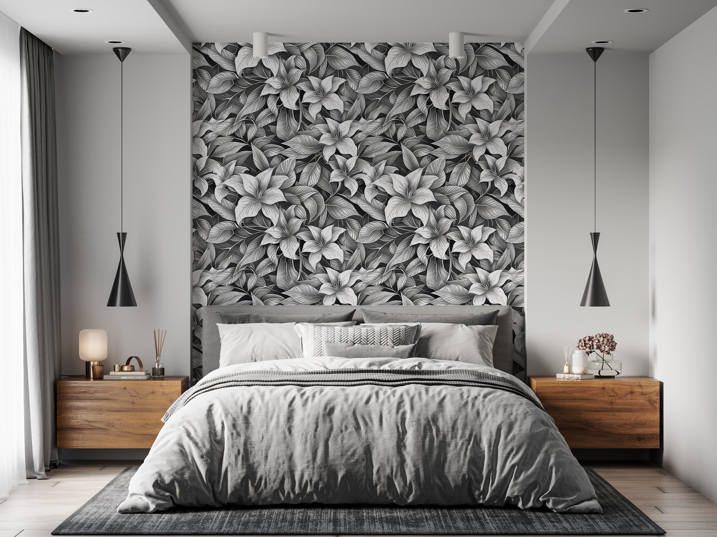 Stippling Style Floral Wallpaper, Peel and Stick Monochrome Flowers Decal, Black and White Floral Wallpaper, Removable Flower Pattern