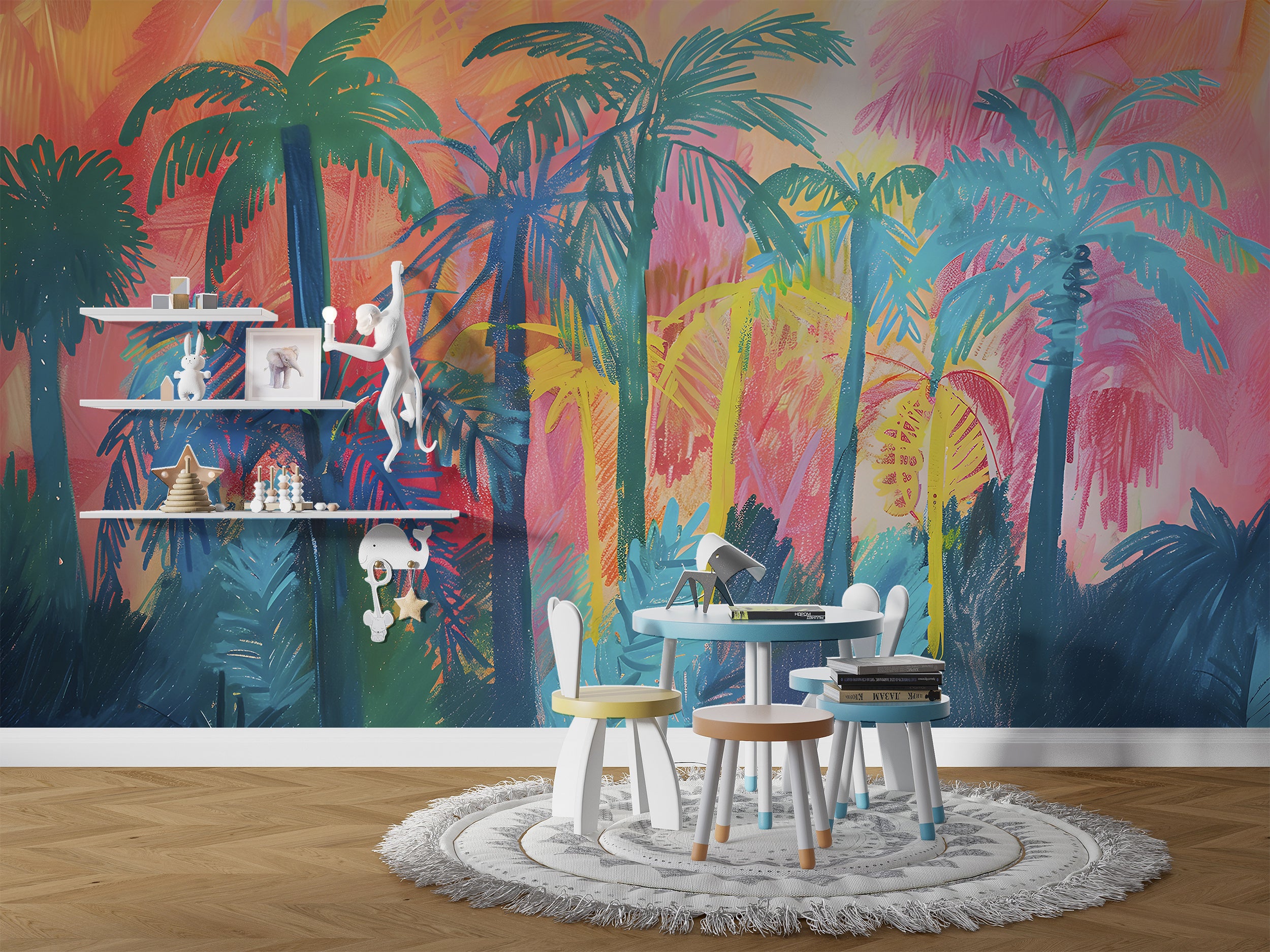 Colorful Palm Trees in Crayon Drawing Style Mural, Peel and Stick Tropical Wallpaper, PVC-free Abstract Palms Wall Mural, Nursery Decal