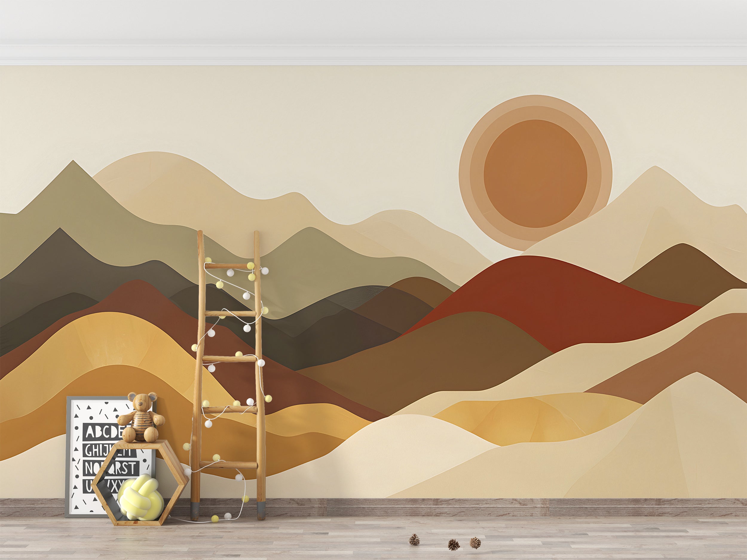 Boho Style Mountains Sunset Mural, Beige and Brown Watercolor Mountain Landscape, Nursery Peel and Stick Abstract Sand Dunes