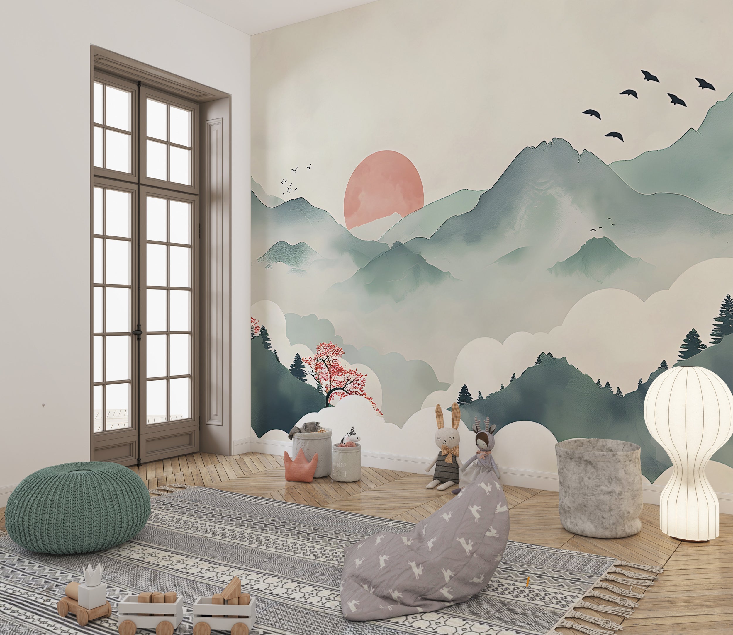 Red Sun Behind Green Mountains Mural, Watercolor Japanese Landscape Wallpaper, Peel and Stick Soft Colors Accent Wall Removable Wall Decal