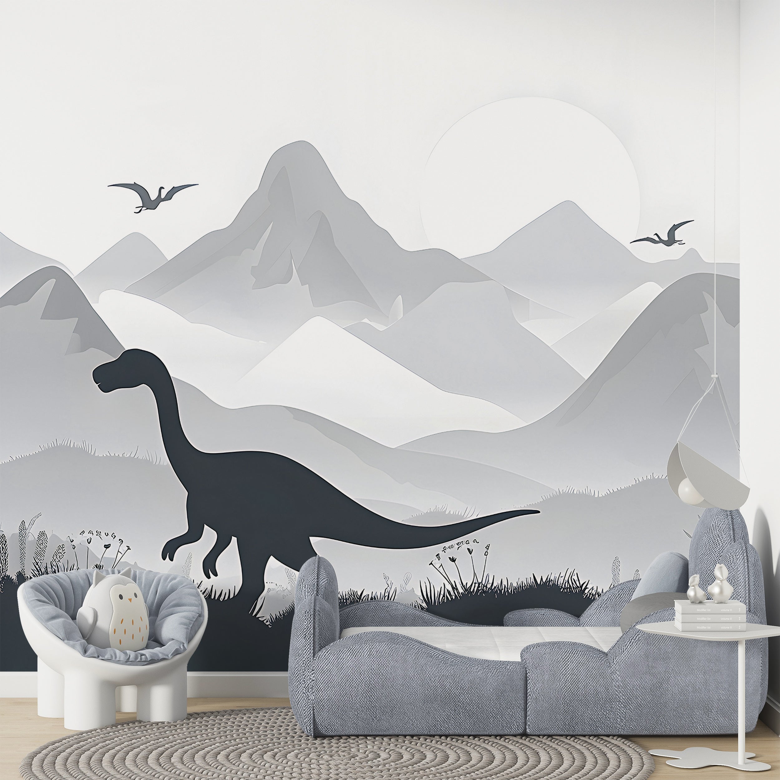 Dinosaur Wall Mural, Ancient World Nursery Wallpaper, Self-adhesive Grey Mountains Landscape Playroom Mural, PVC-free Decal