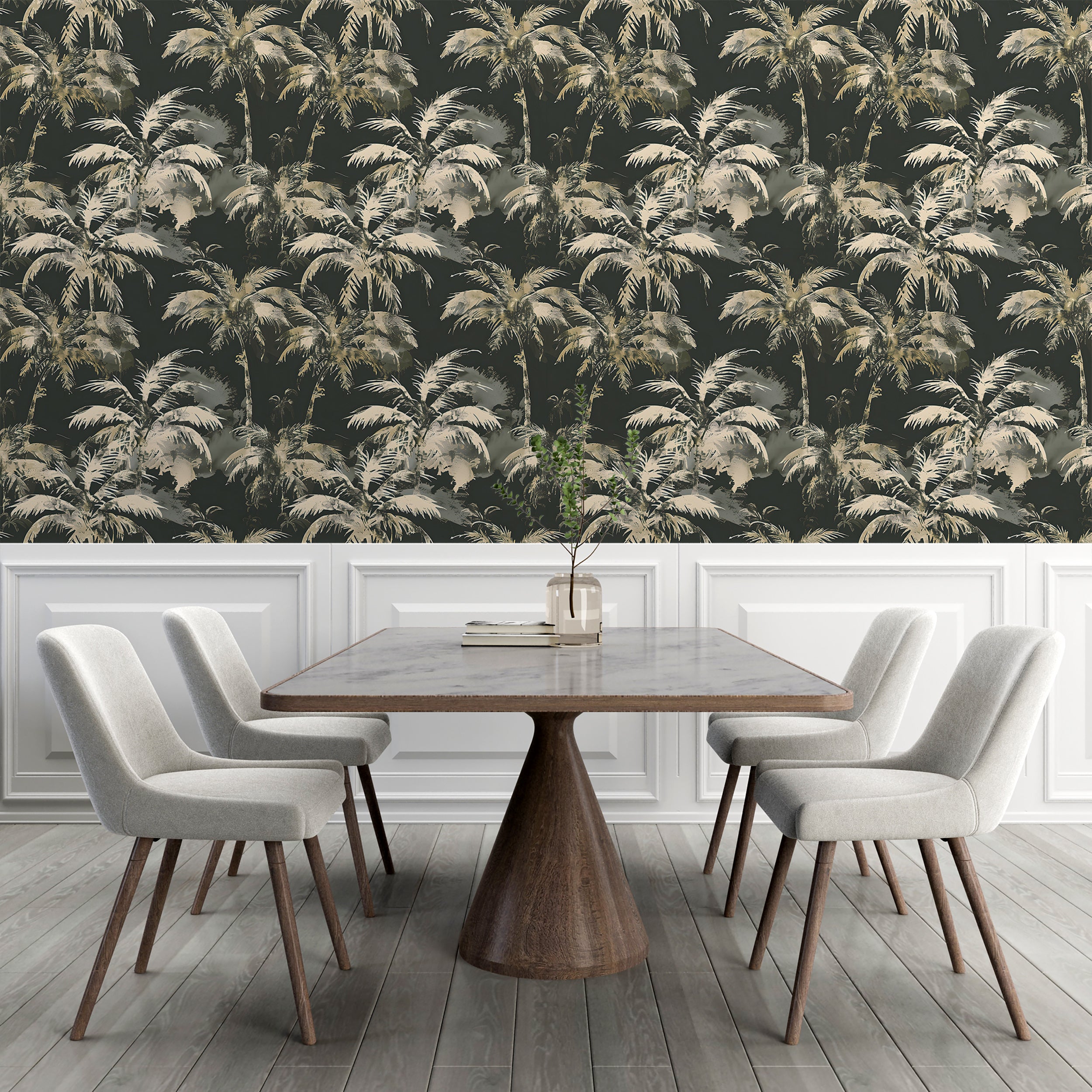 Palm Leaves Dark Wallpaper, Green and Beige Tropical Wall Decal, Peel and Stick Palm Tree Wallpaper, Removable Coastal Botanical Decor