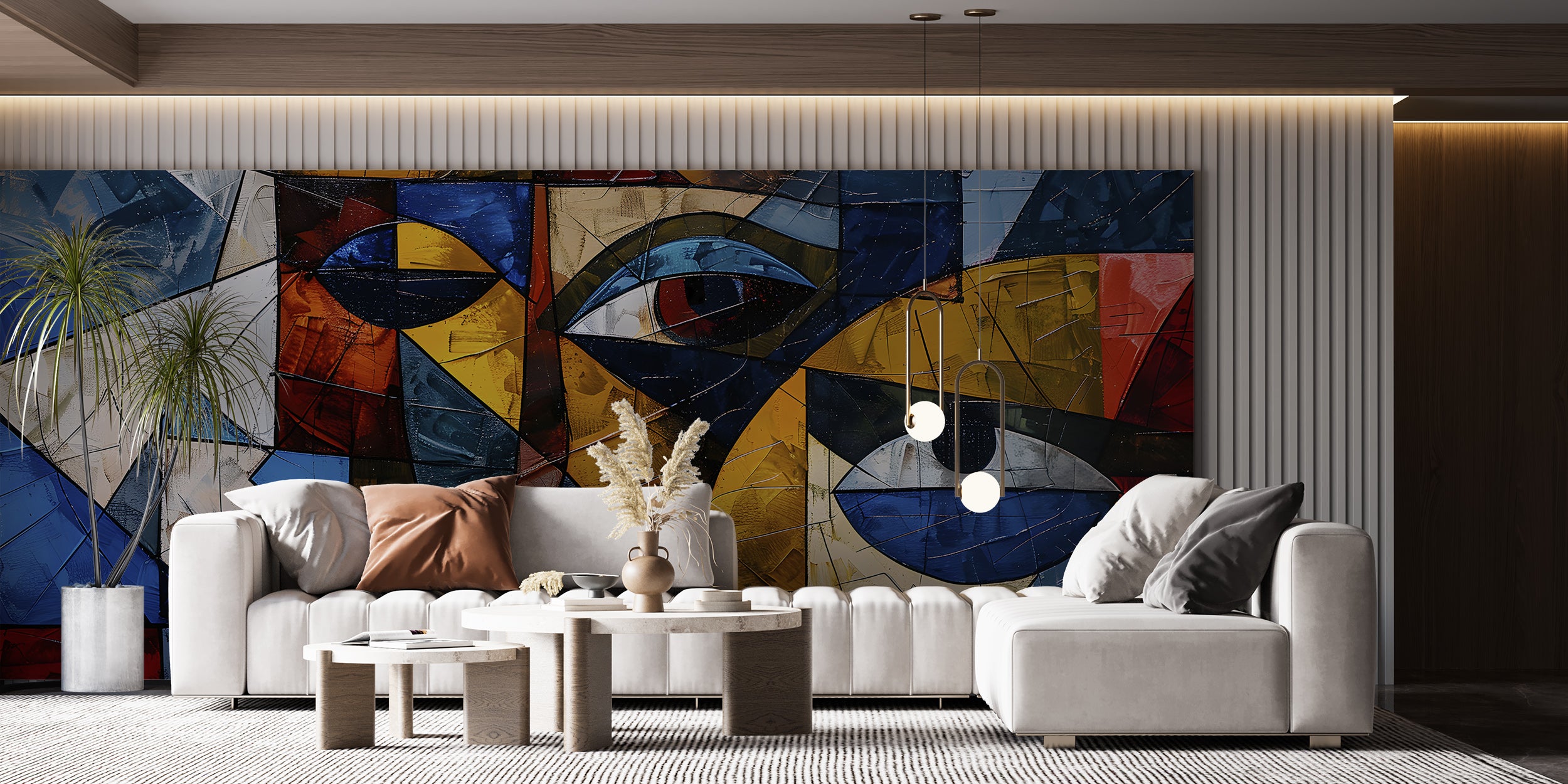 Abstract Mural in Cubism Style, Peel and Stick Colorful Modern Wallpaper, Removable Abstract Faces Wall Decal, Accent Wall Art