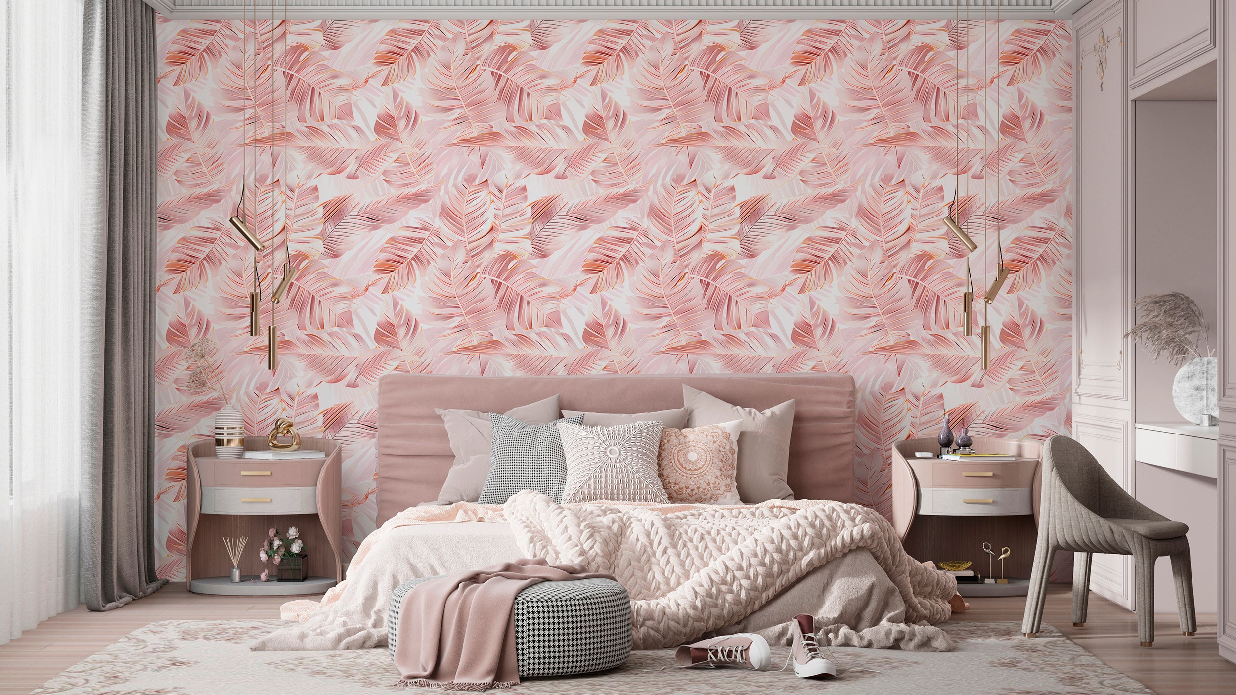 Palm Leaves in Gold Rose Colour Wallpaper, Peel and Stick Pink Tropical Decal, Removable Coastal Botanical Wallpaper, Soft Pink Palm Tree Leaf Pattern