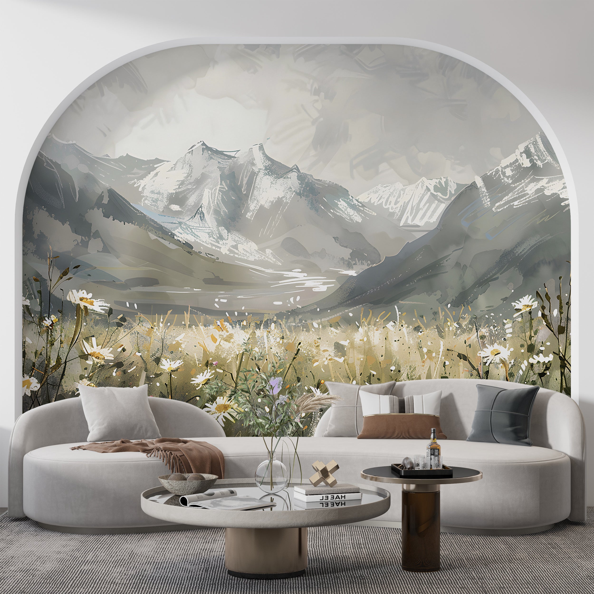 Watercolor Mountain Field Mural, Meadow Flowers in Natural Colors Wallpaper, Peel and Stick Wild Nature Landscape Mural, Grey Mountains Decal