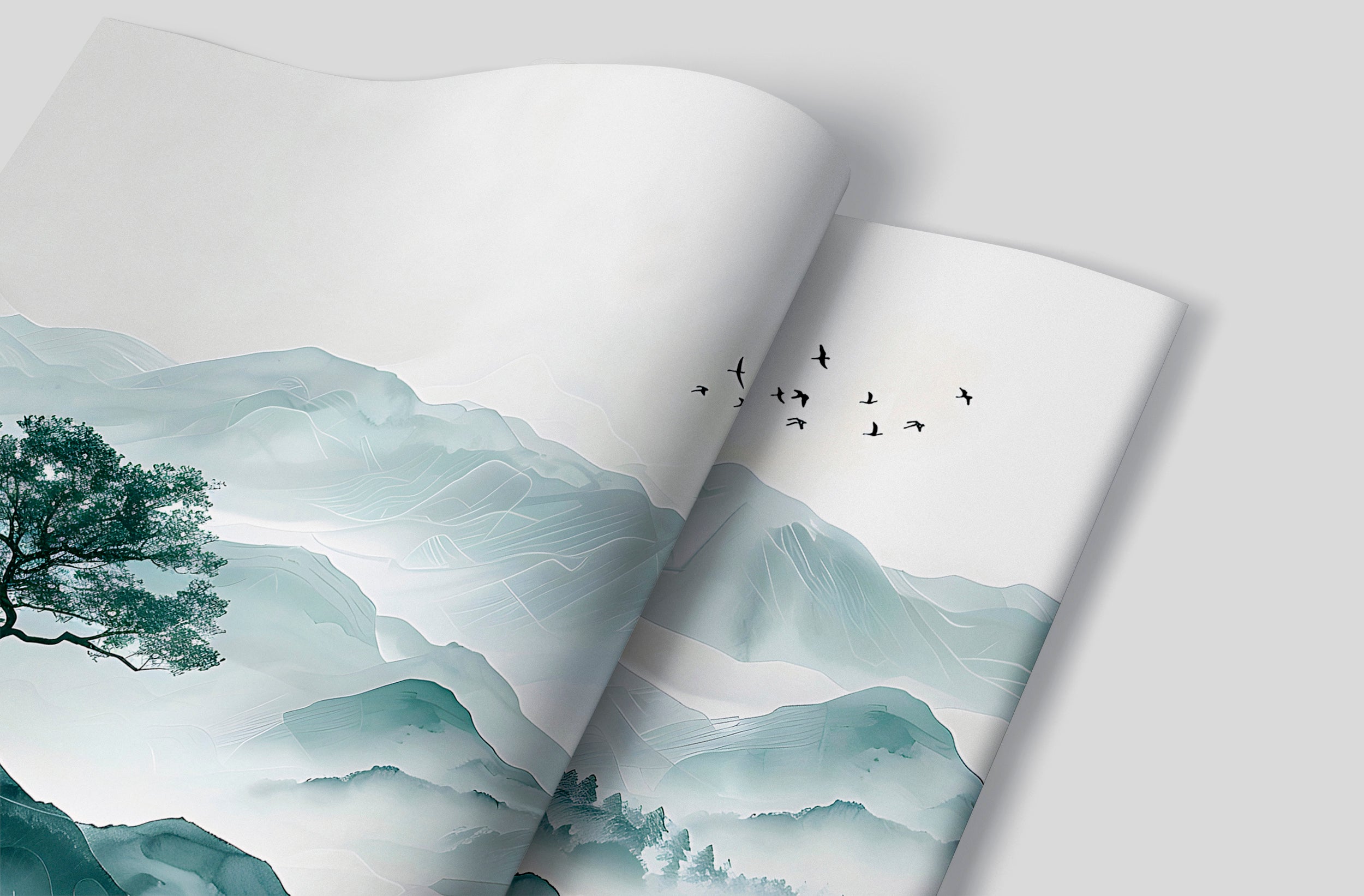 Bird Swallow and Mountains Mural, Peel and Stick Soft Green Misty Mountain Landscape Wallpaper, Abstract Foggy Nature Wall Decal