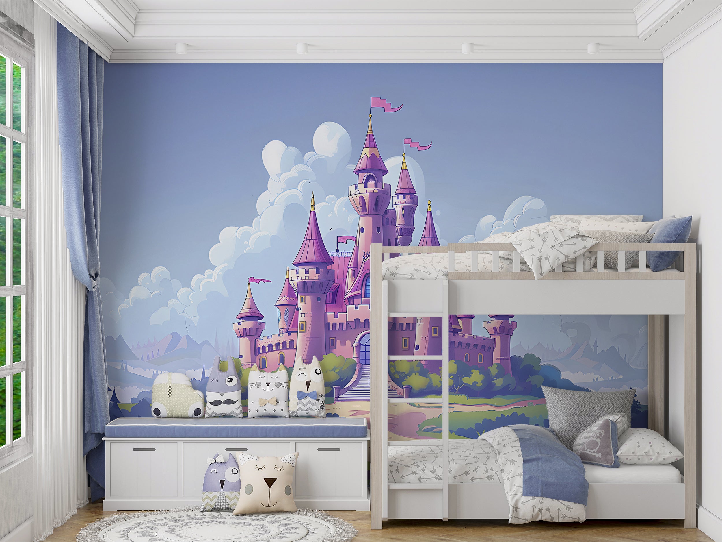 Pink Princess Castle Mural, Peel and Stick Nursery Dreamy Castle Wallpaper, Cartoon Style Kids Room Colorful Castle, PVC free Removable Decal