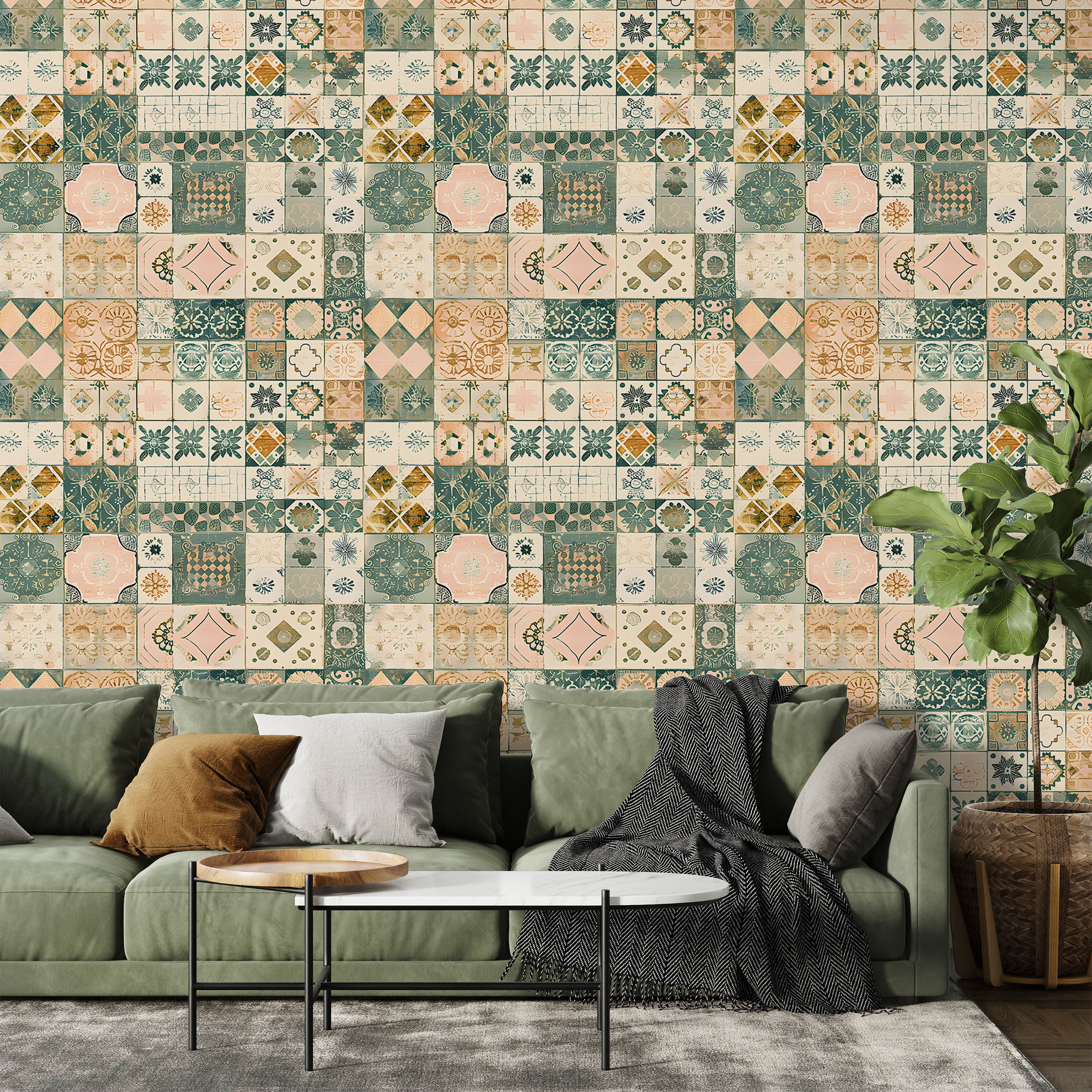 Moroccan Wallpaper, Patchwork Tiles Wallpaper, Green and Beige Tiles Wall Decal, Peel and Stick Watercolor Rustic Tiles Decor
