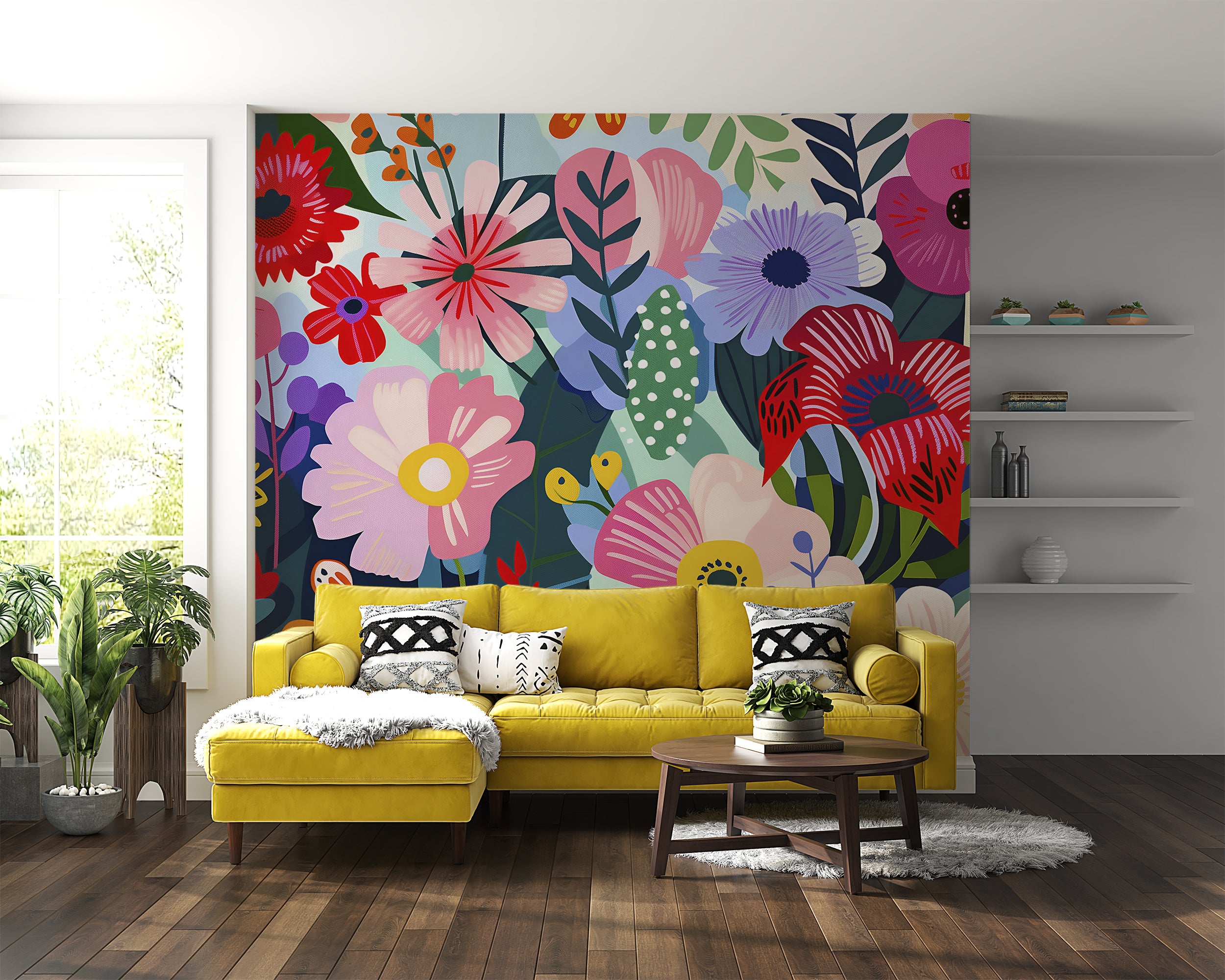 Colorful Abstract Flowers Wallpaper, Peel and Stick Modern Floral Mural, Large Wild Flowers Wall Decor, Removable Meadow Flowers Art
