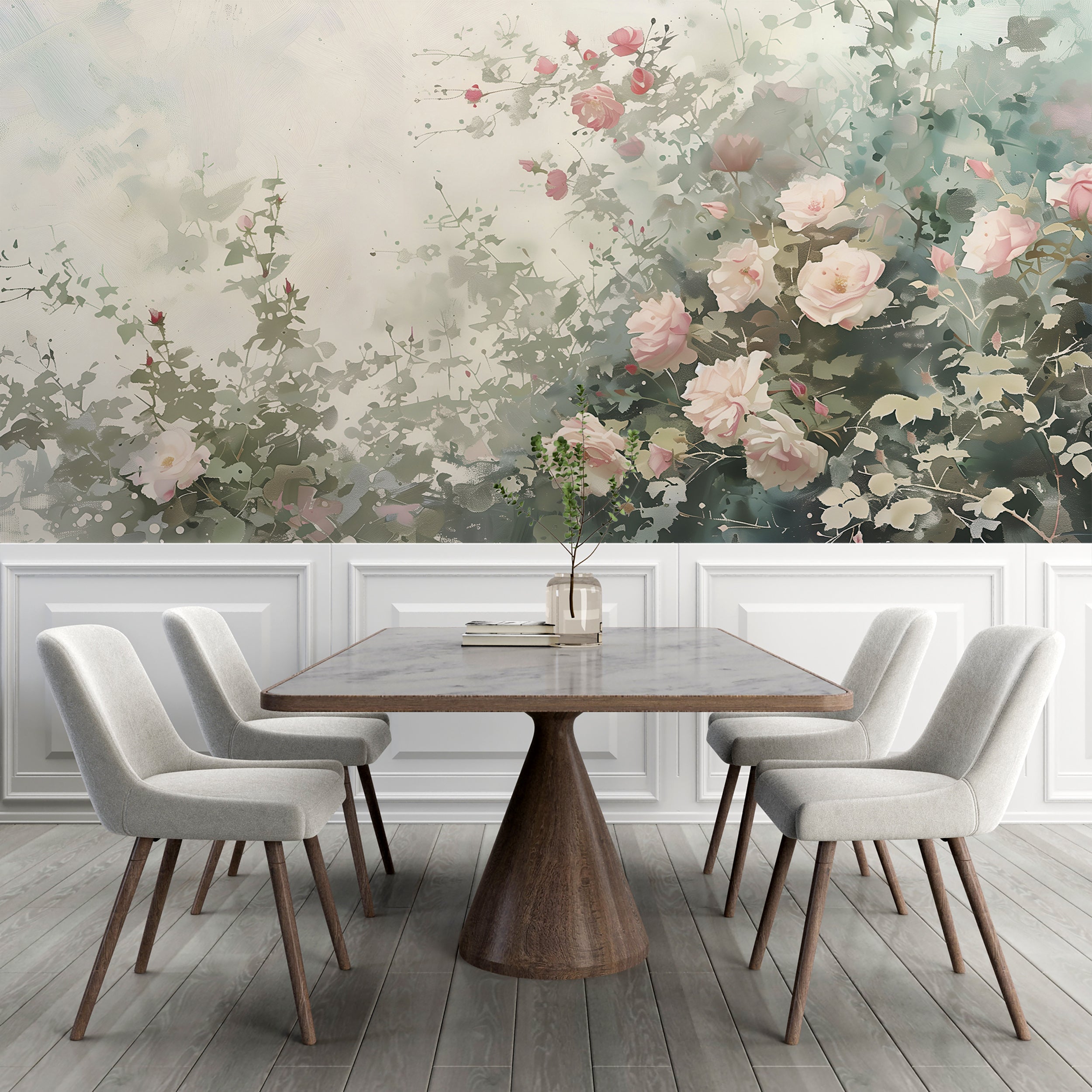 Watercolor Wild Roses Wallpaper, Peel and Stick Flower Bush Mural, Soft Green Botanical Wallpaper, Removable Floral Wall Art