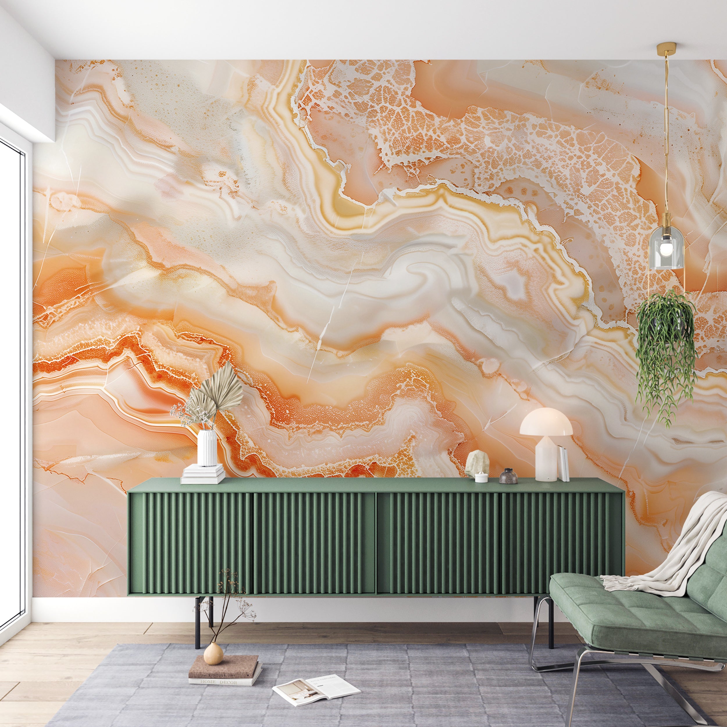 Orange Marble Mural, Peel and Stick Abstract Accent Wall Wallpaper, Removable Peach Marble Art, Alcohol Ink Decor