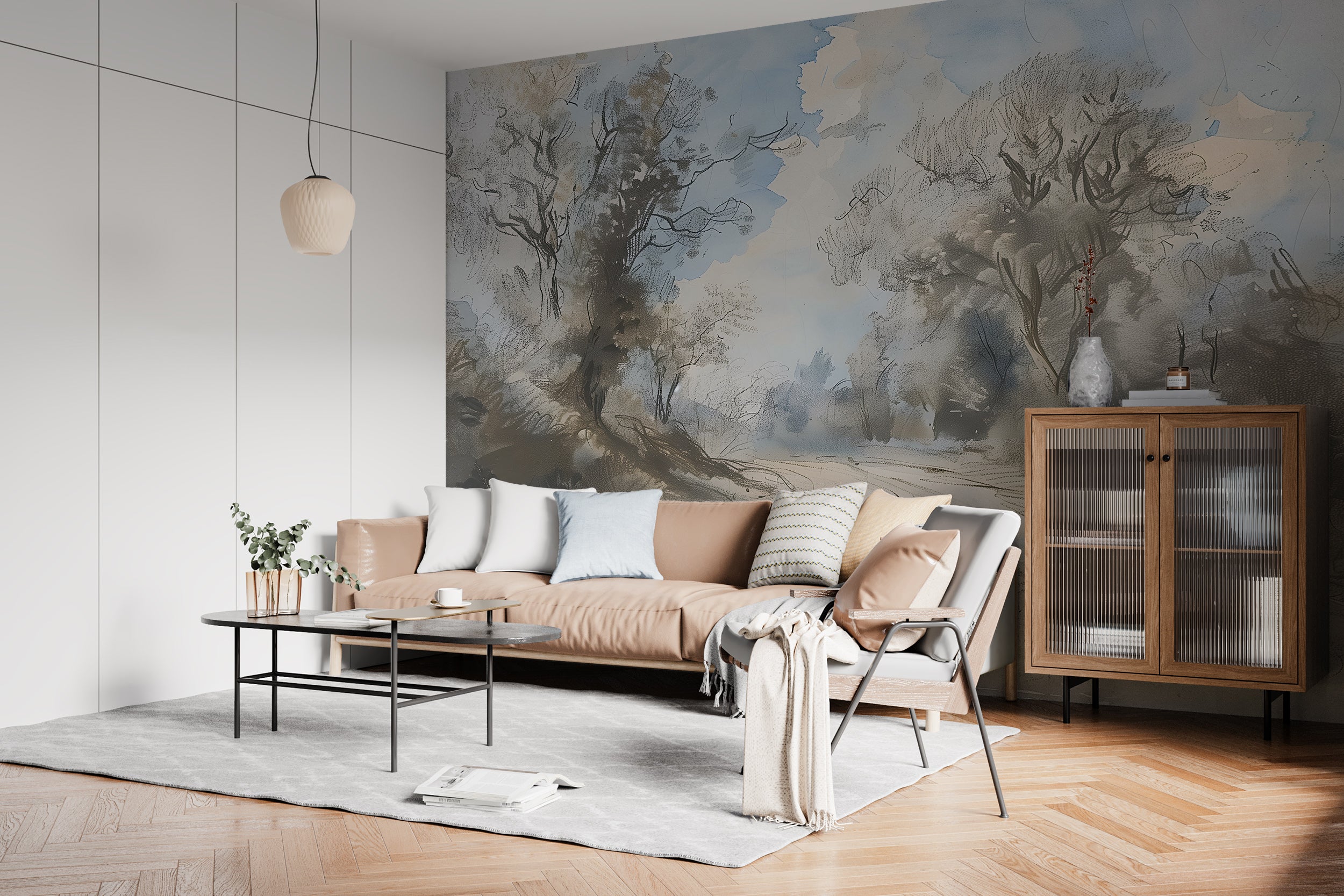 Scenic Vintage Landscape Wallpaper, Peel and Stick Pastel Colors Road and Trees Mural, Old Style Classic Countryside Mural, Removable Nature