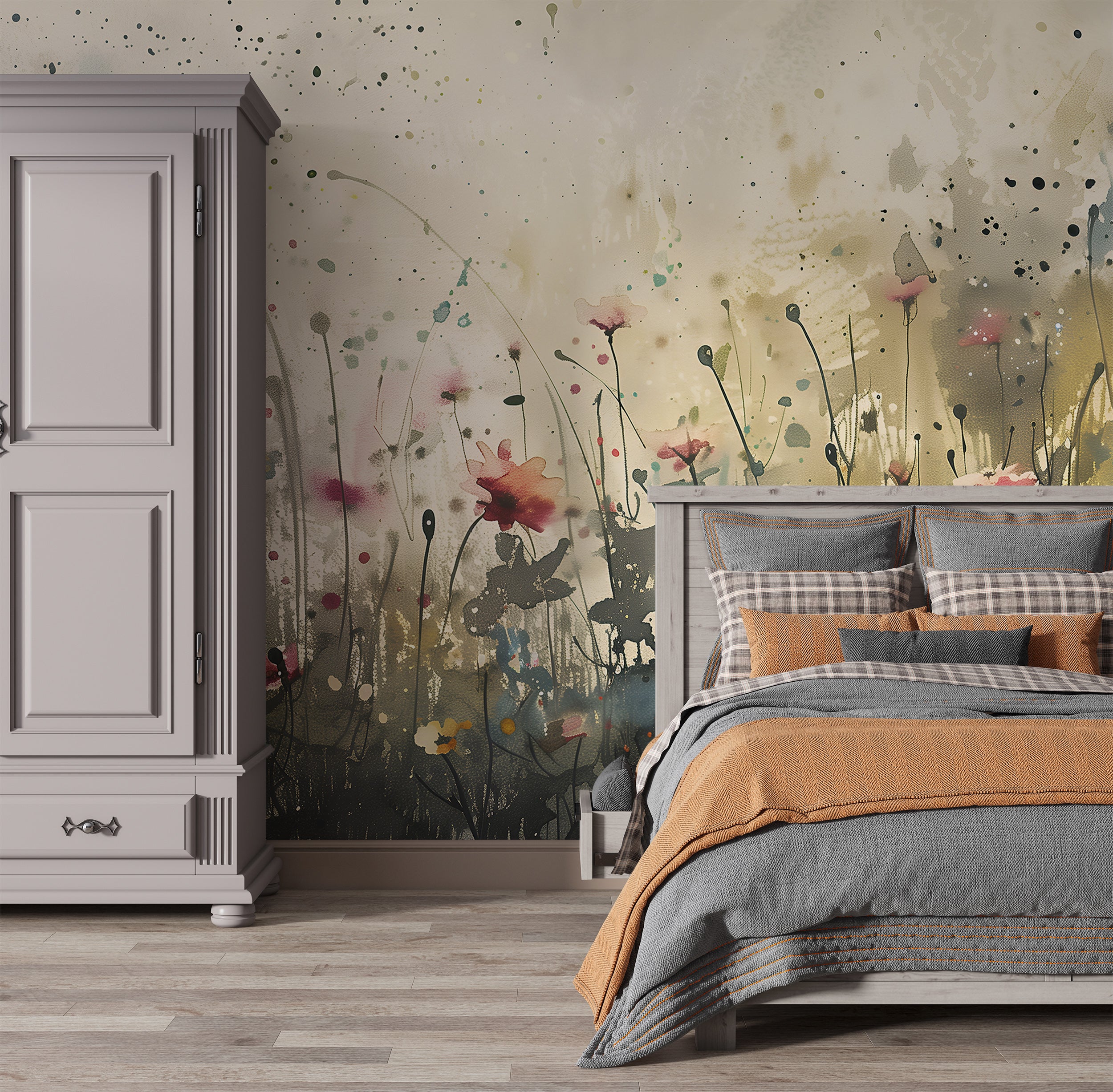 Abstract Watercolor Flower Field Mural, Peel and Stick Meadow Flowers Wallpaper, Removable Wild Floral Wall Decor, Beige Botanical Mural