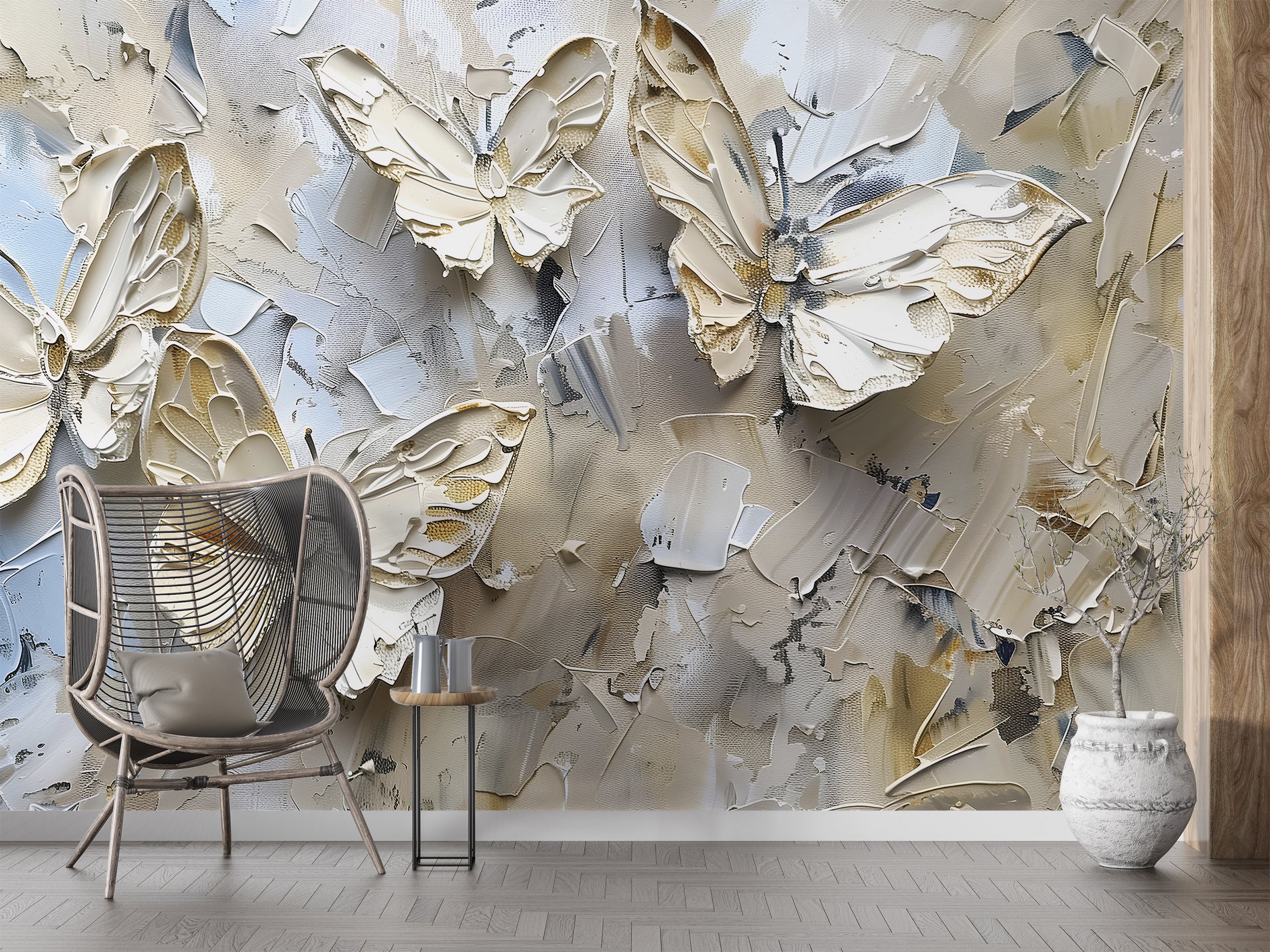 Abstract Butterflies Wall Mural, Peel and Stick Butterflies Palette Knife Oil Painting Wall Art, Removable Beige 3D Nature Wallpaper